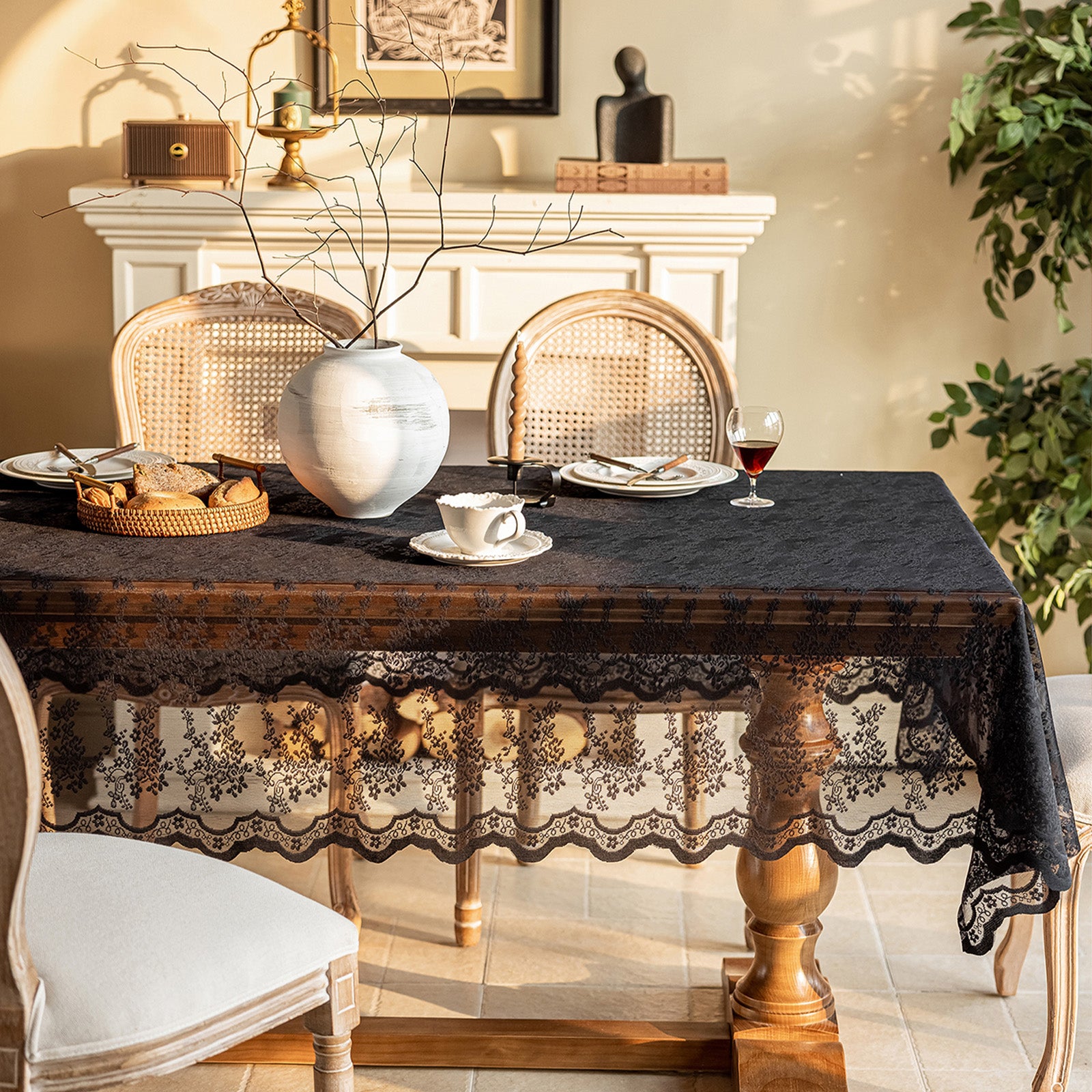 Black Lace Vintage French Countryside Table Cloth — Versatile Cover for Coffee Table, TV Stand, Dresser, Shoe Cabinet, Dessert Table for Party, Wedding & Daily Home