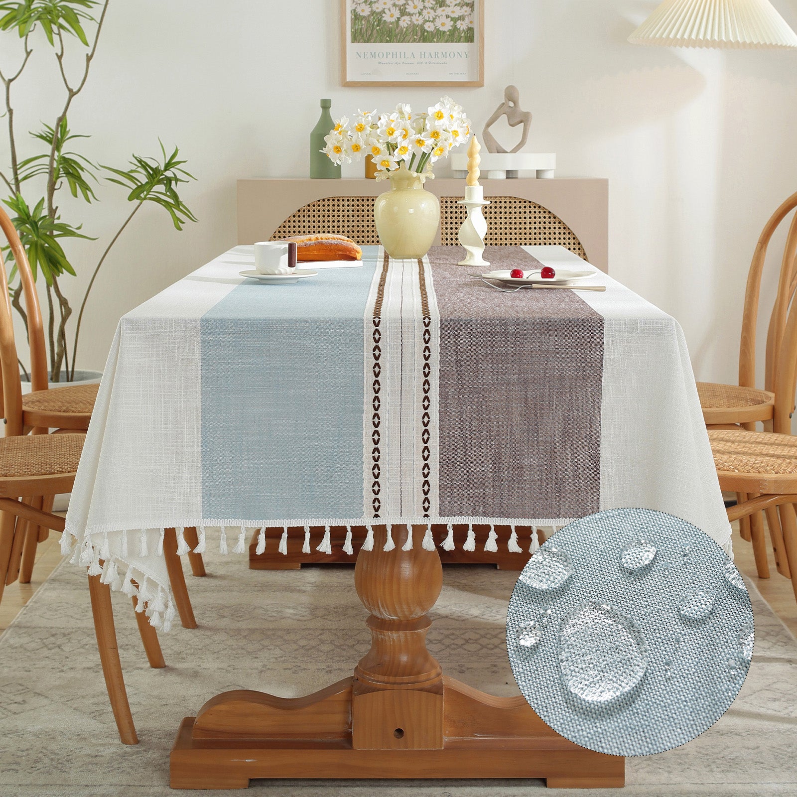 Waterproof Stainproof Linen Cotton Tablecloth, Jacquard Tassel, Thick Soft & Wrinkle Free, for Rectangle Square Tables