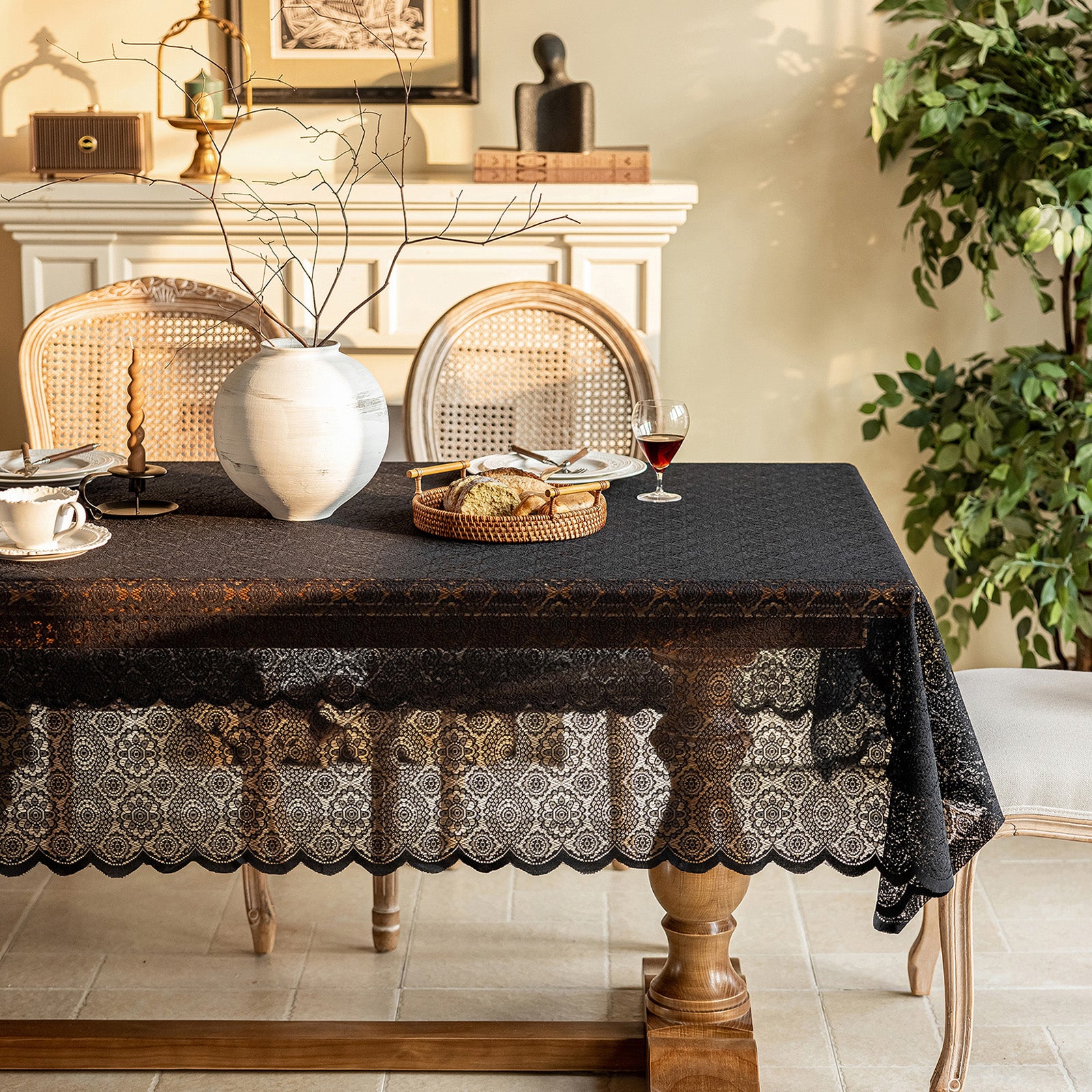 Black Lace French Countryside Coffee Table Cloth — TV Stand Cover, Dresser Cover, Shoe Cabinet Cover, Dessert Tablecloth for Party Wedding Daily Home