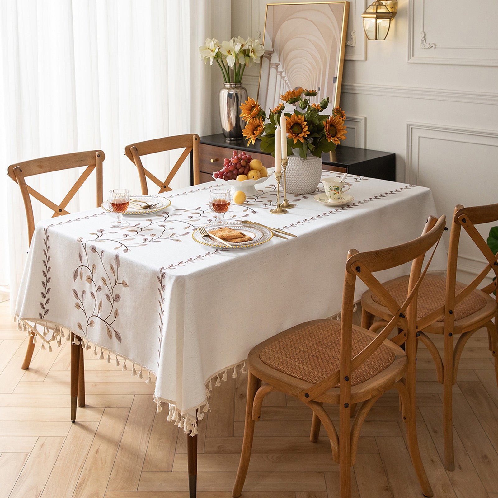 Linen-Like Waterproof Tablecloth with Vine Pattern — Breathable & Minimalist Design for Home Use, Fits Square, Round & Rectangular Tables