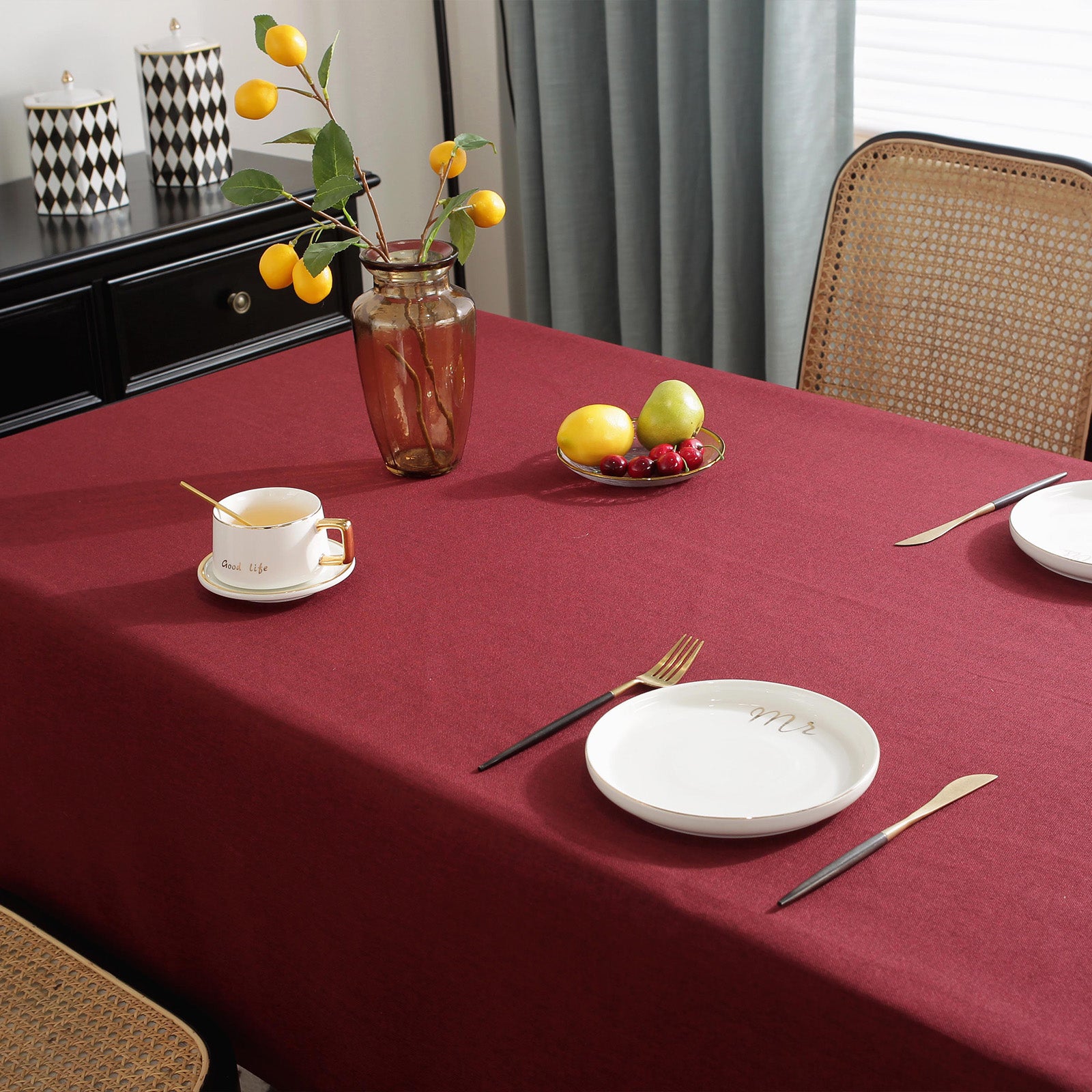 Solid Color Linen-Like Waterproof Tablecloth for Dining Table, Coffee Table & TV Stand – Oil-Proof, Wrinkle-Resistant, Burgundy