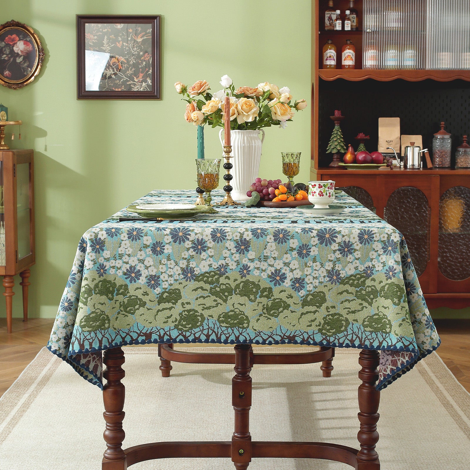 Spring Tree Pattern Cotton-Linen Style Tablecloth, with Scalloped or Straight Edge Options