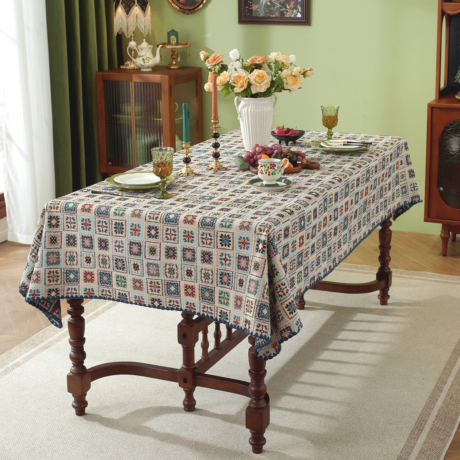 Blue Hook Flower Pattern Cotton-Linen Style Tablecloth with Scalloped Edge