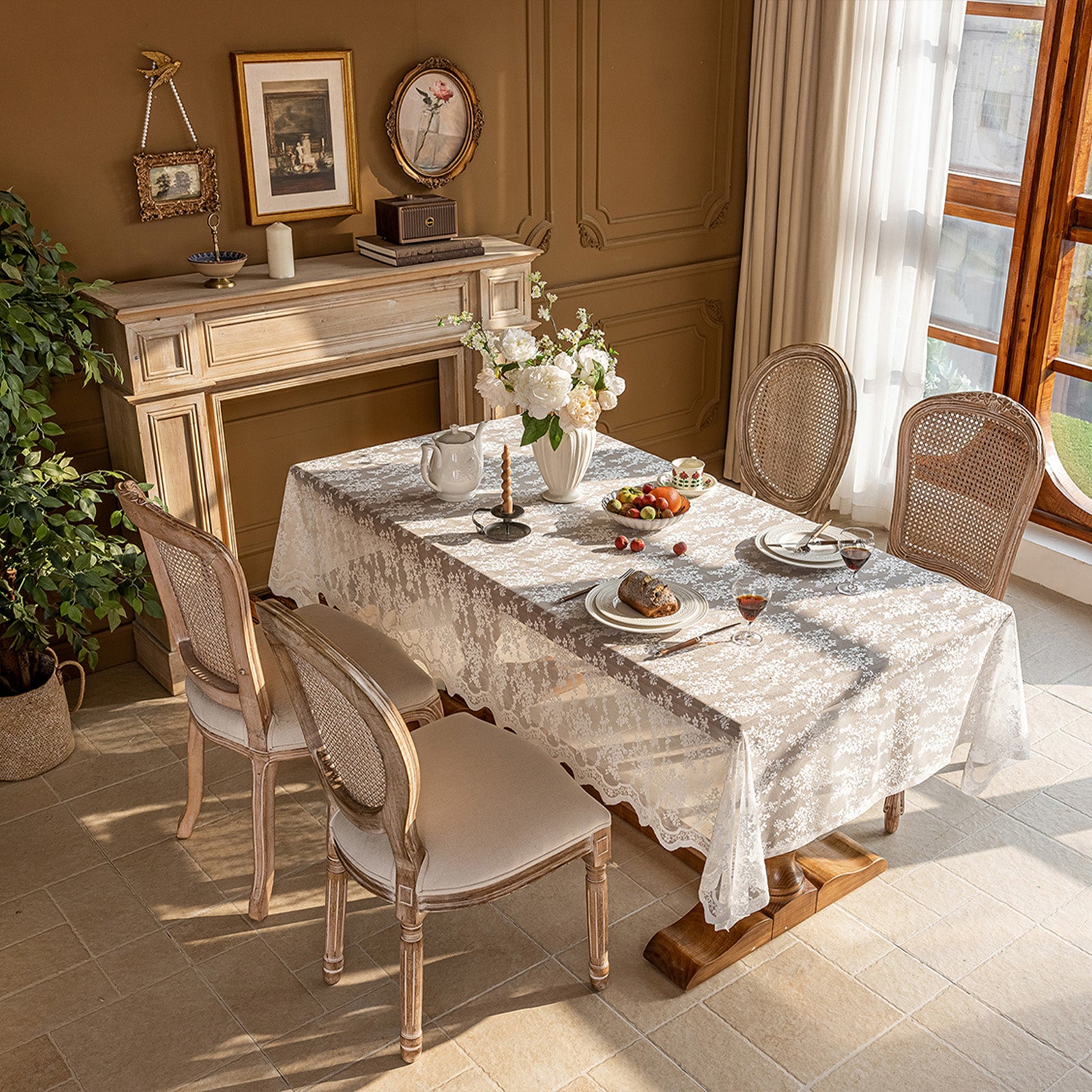 White Lace Vintage French Countryside Table Cloth — Versatile Cover for Coffee Table, TV Stand, Dresser, Shoe Cabinet, Dessert Table for Party, Wedding & Daily Home