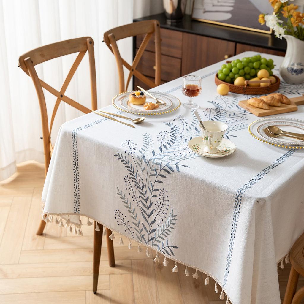 Linen-Like Waterproof Tablecloth with Fern Pattern — Breathable & Minimalist Design for Home Use, Fits Square, Round & Rectangular Tables