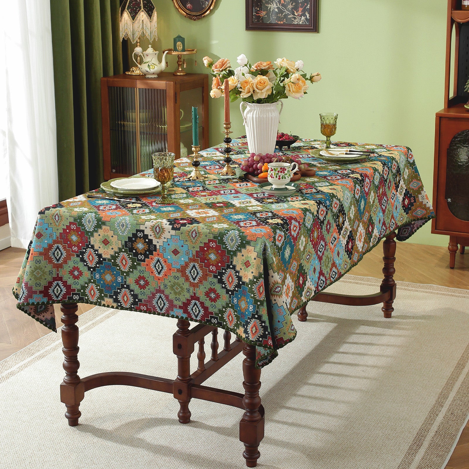 Jigsaw Puzzle Pattern Cotton-Linen Style Tablecloth with Scalloped Edge