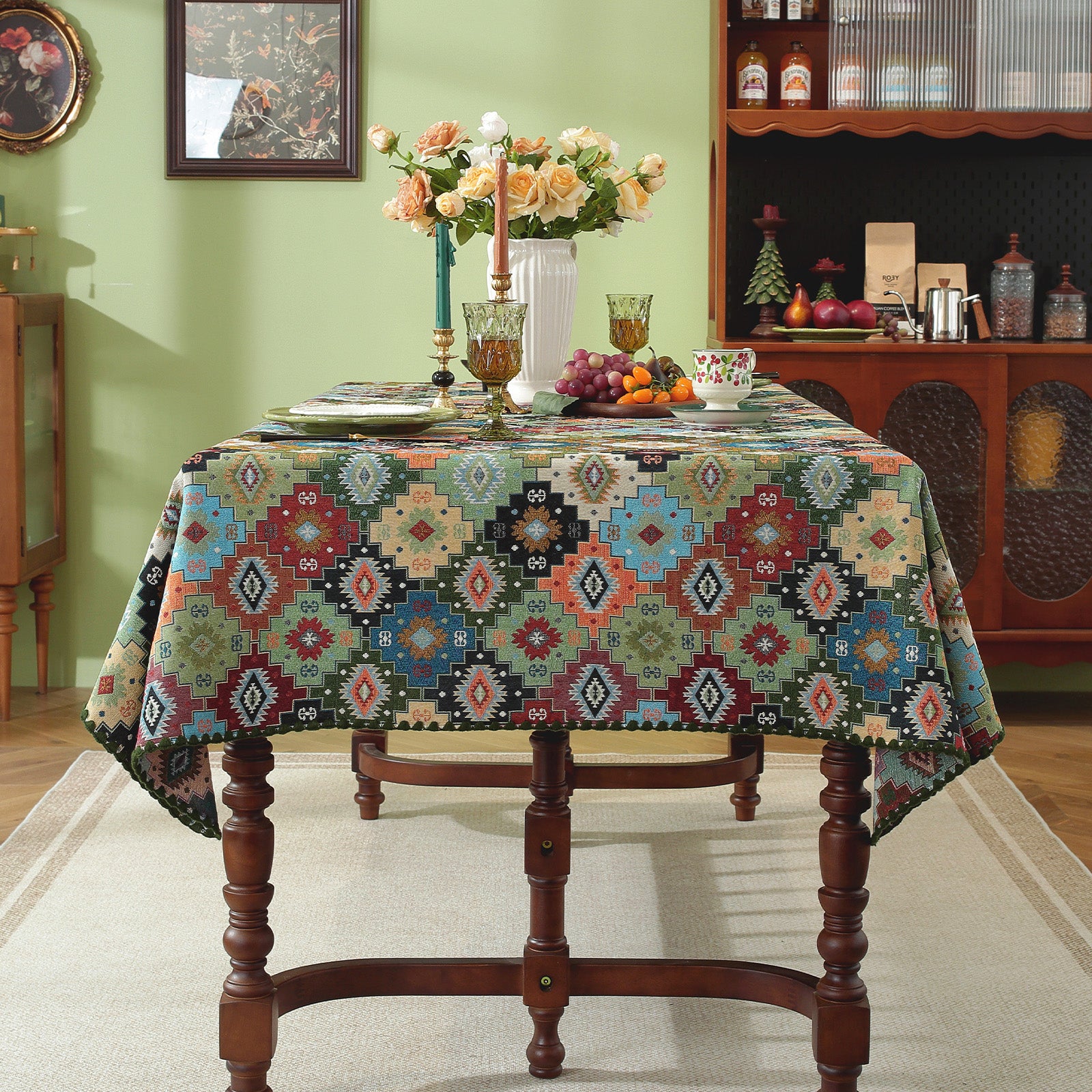 Jigsaw Puzzle Pattern Cotton-Linen Style Tablecloth with Scalloped Edge