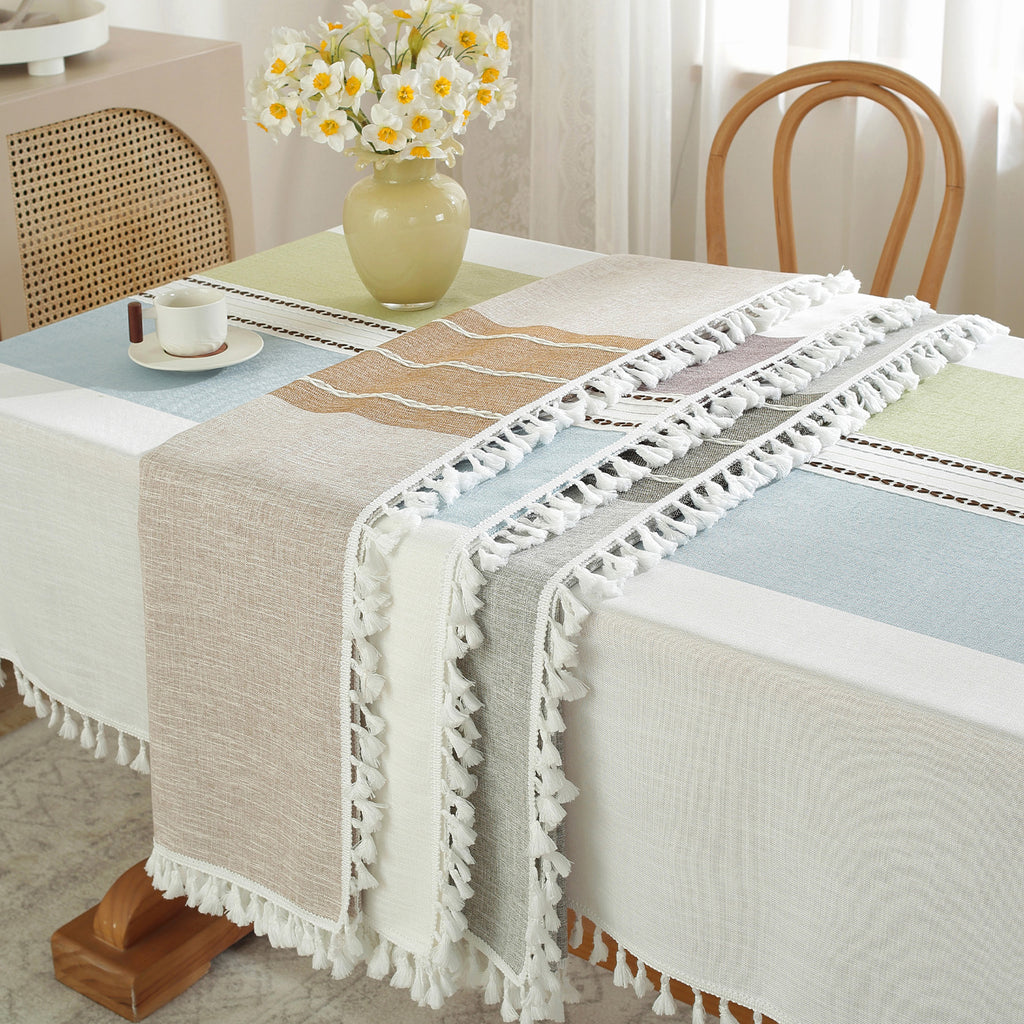 Waterproof Stainproof Linen Cotton Tablecloth, Jacquard Tassel, Thick Soft & Wrinkle Free, for Rectangle Square Tables