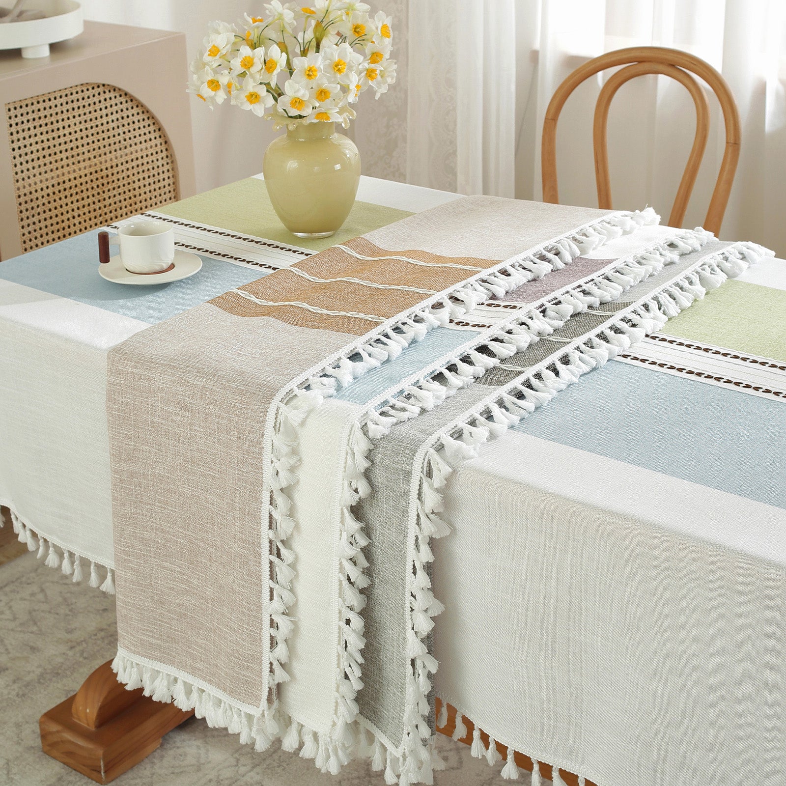 Waterproof Stainproof Linen Cotton Tablecloth, Jacquard Tassel, Thick Soft & Wrinkle Free, for Rectangle Square Tables