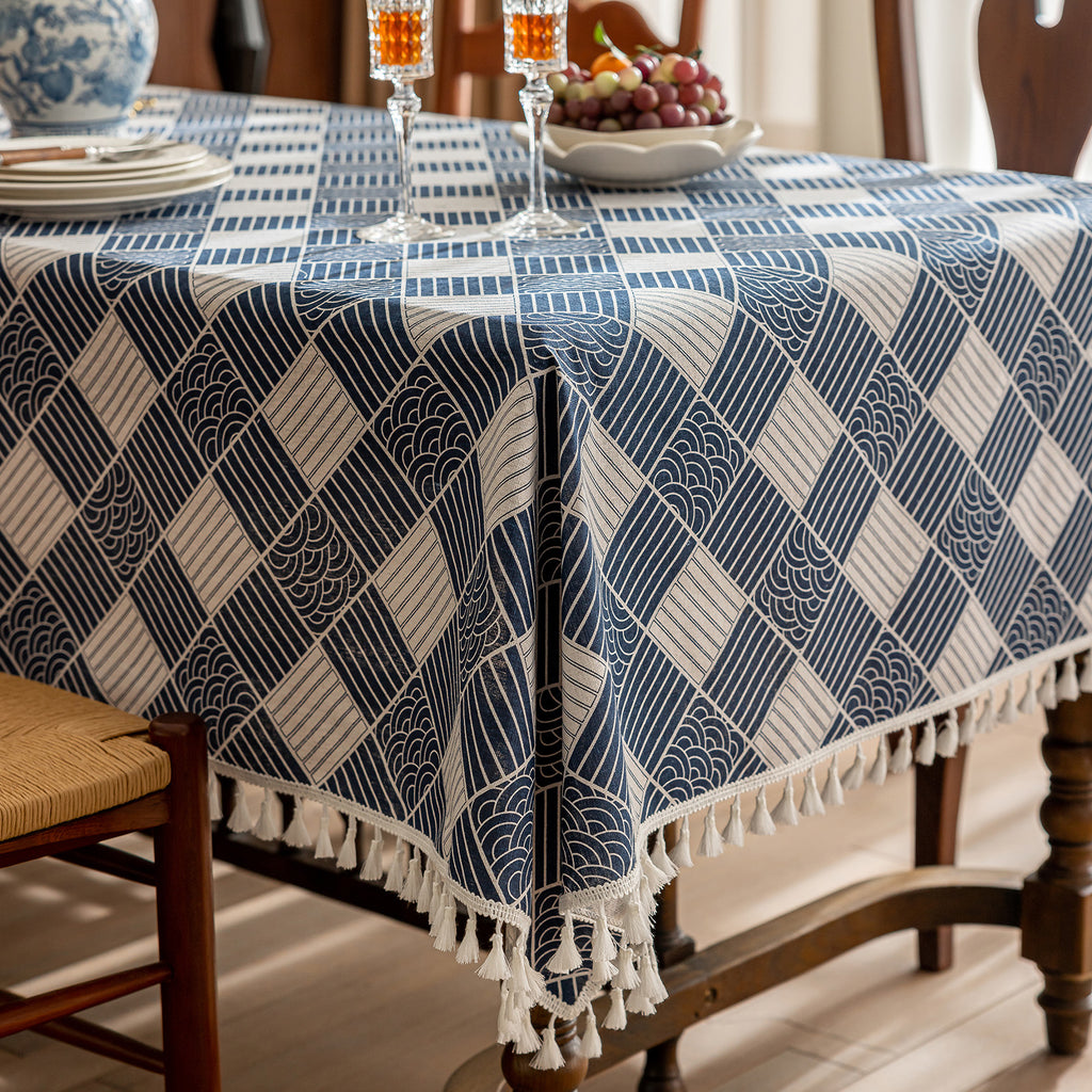Checkered Pattern Linen-Look Tablecloth with Tassels – Wrinkle-Resistant & Drapes Beautifully, Japanese Minimalist Dining Table Art