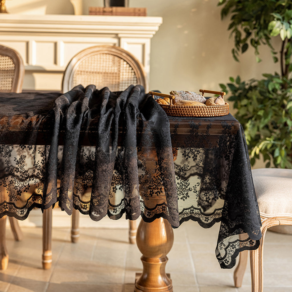 Black Lace Vintage French Countryside Table Cloth — Versatile Cover for Coffee Table, TV Stand, Dresser, Shoe Cabinet, Dessert Table for Party, Wedding & Daily Home