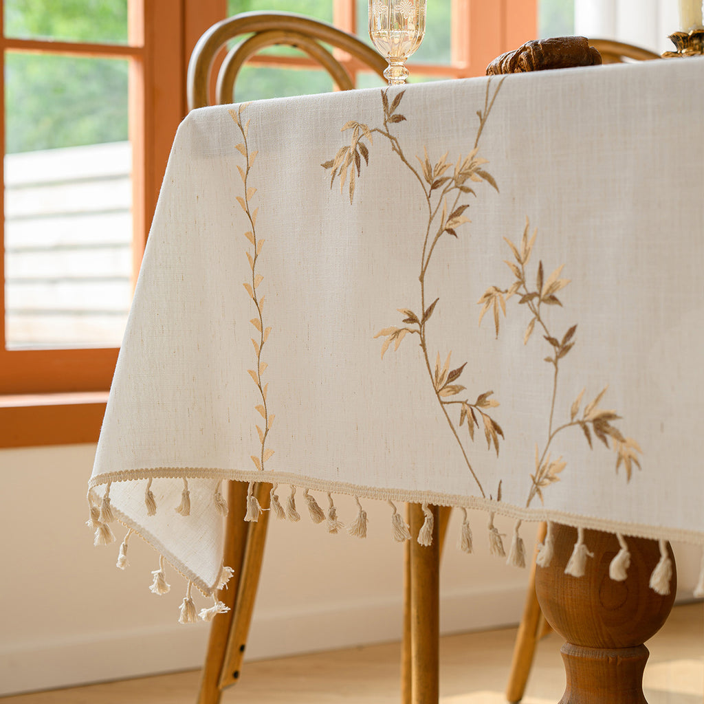 Linen-Like Waterproof Tablecloth with Bamboo Leaf Pattern — Breathable & Minimalist Design for Home Use, Fits Square, Round & Rectangular Tables