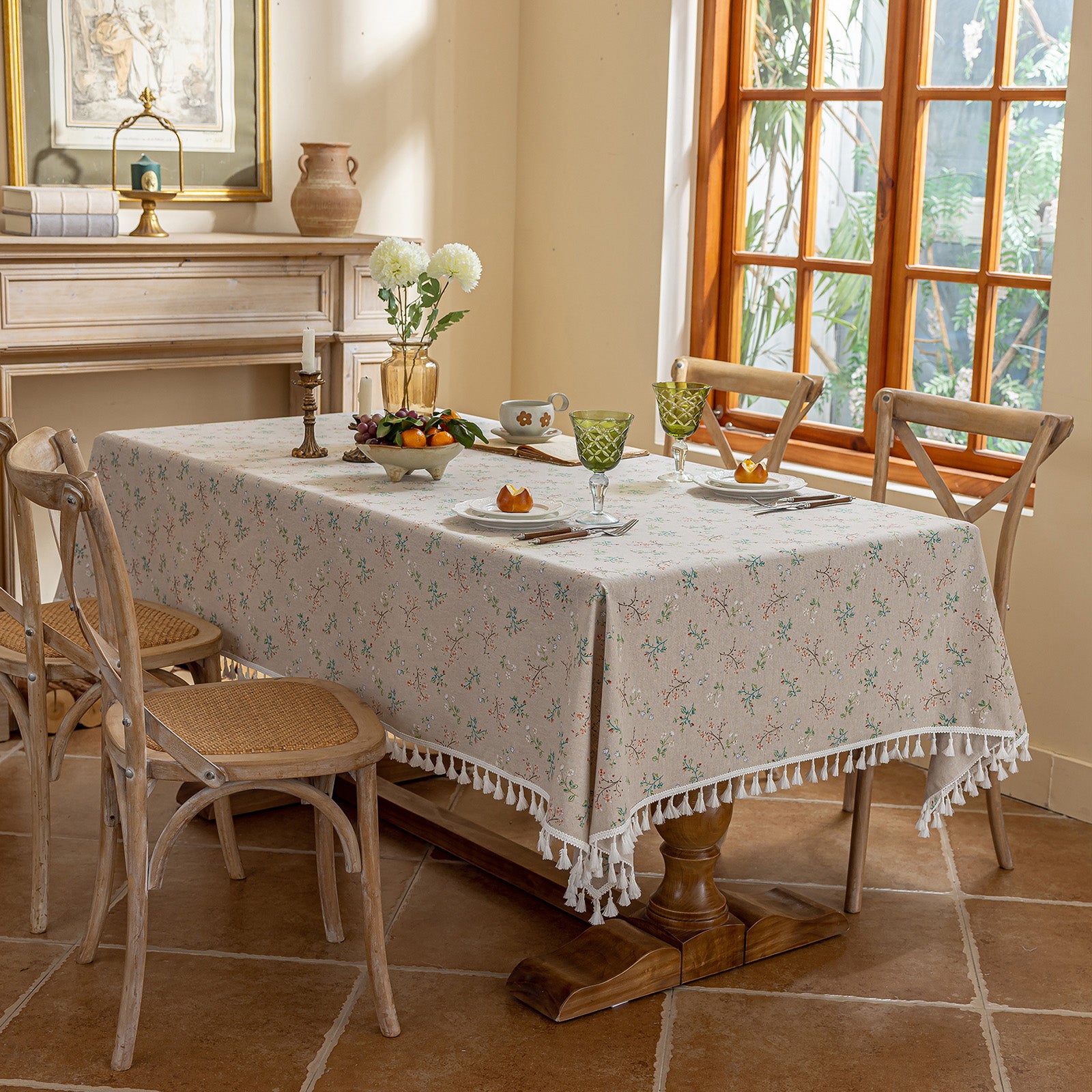 Little Twig Pattern Tablecloth with Tassel Fringe – French Pastoral Vintage Floral Decor for Dining Room, Balcony & Picnic