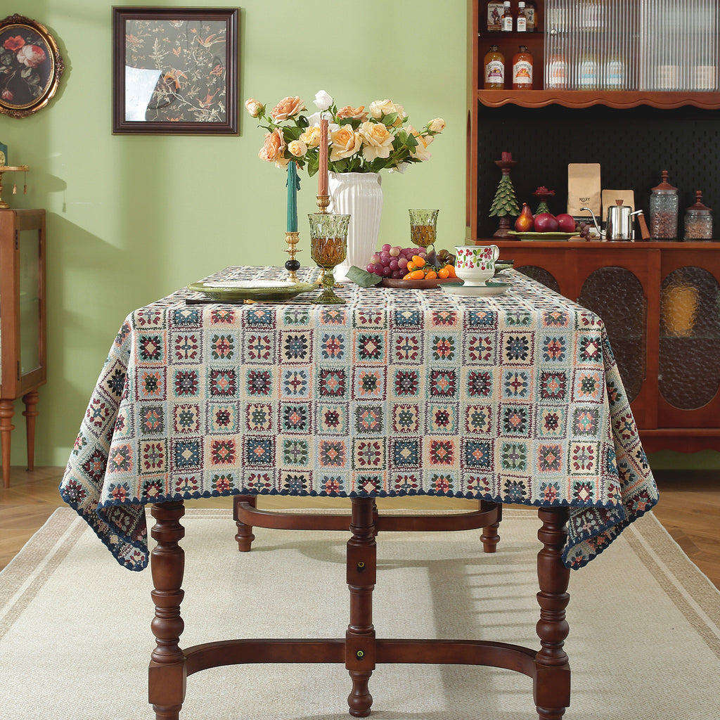 Blue Hook Flower Pattern Cotton-Linen Style Tablecloth with Scalloped Edge