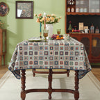 Blue Hook Flower Pattern Cotton-Linen Style Tablecloth with Scalloped Edge