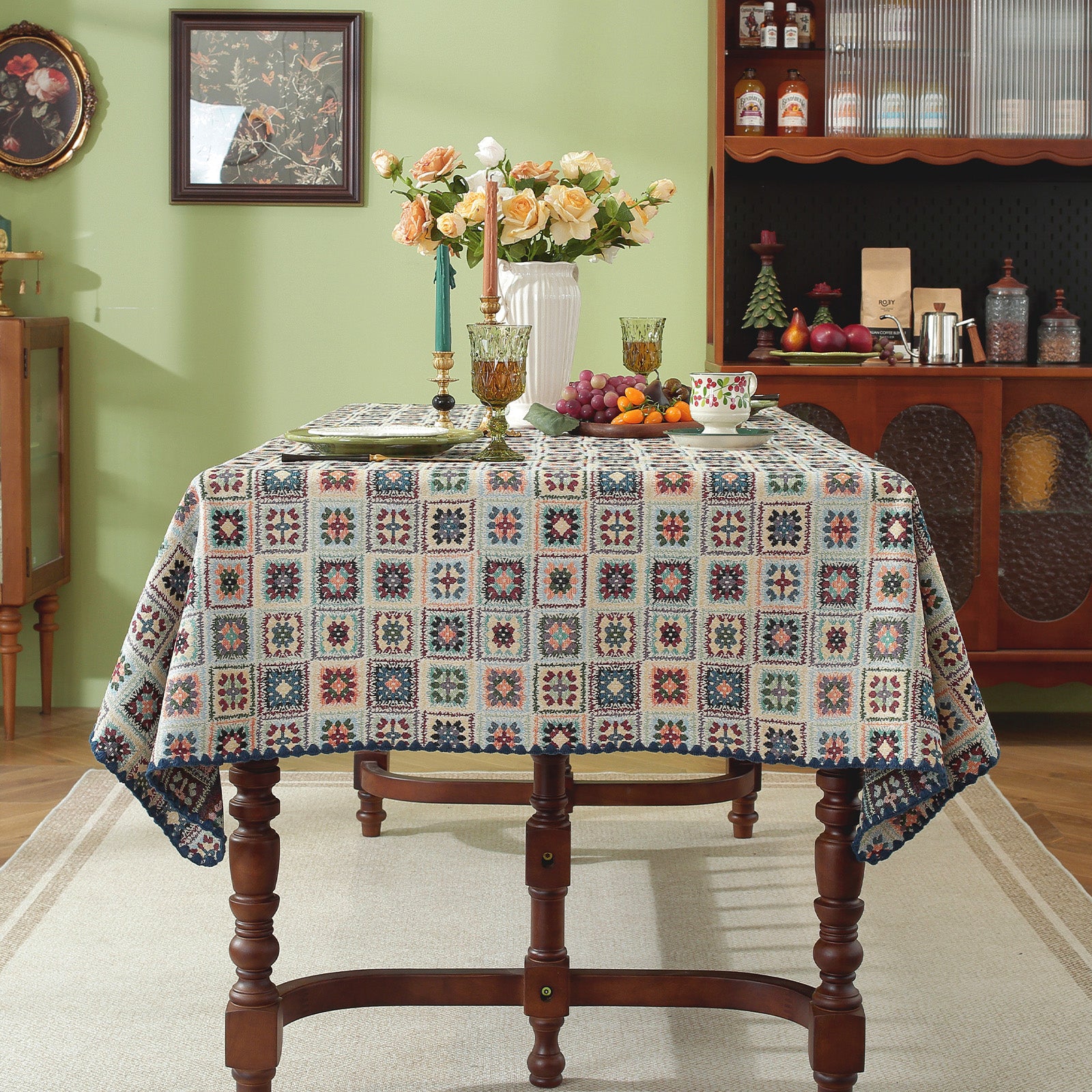 Blue Hook Flower Pattern Cotton-Linen Style Tablecloth with Scalloped Edge