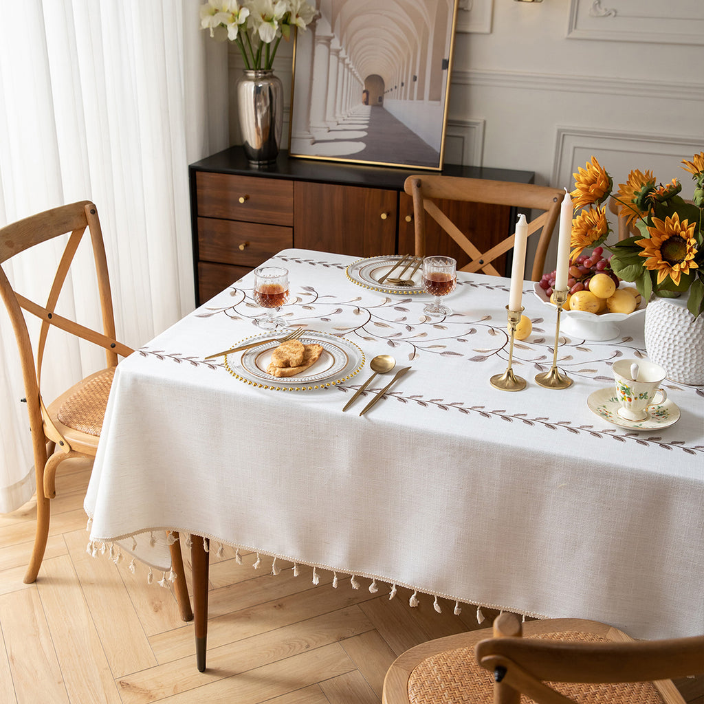 Linen-Like Waterproof Tablecloth with Vine Pattern — Breathable & Minimalist Design for Home Use, Fits Square, Round & Rectangular Tables