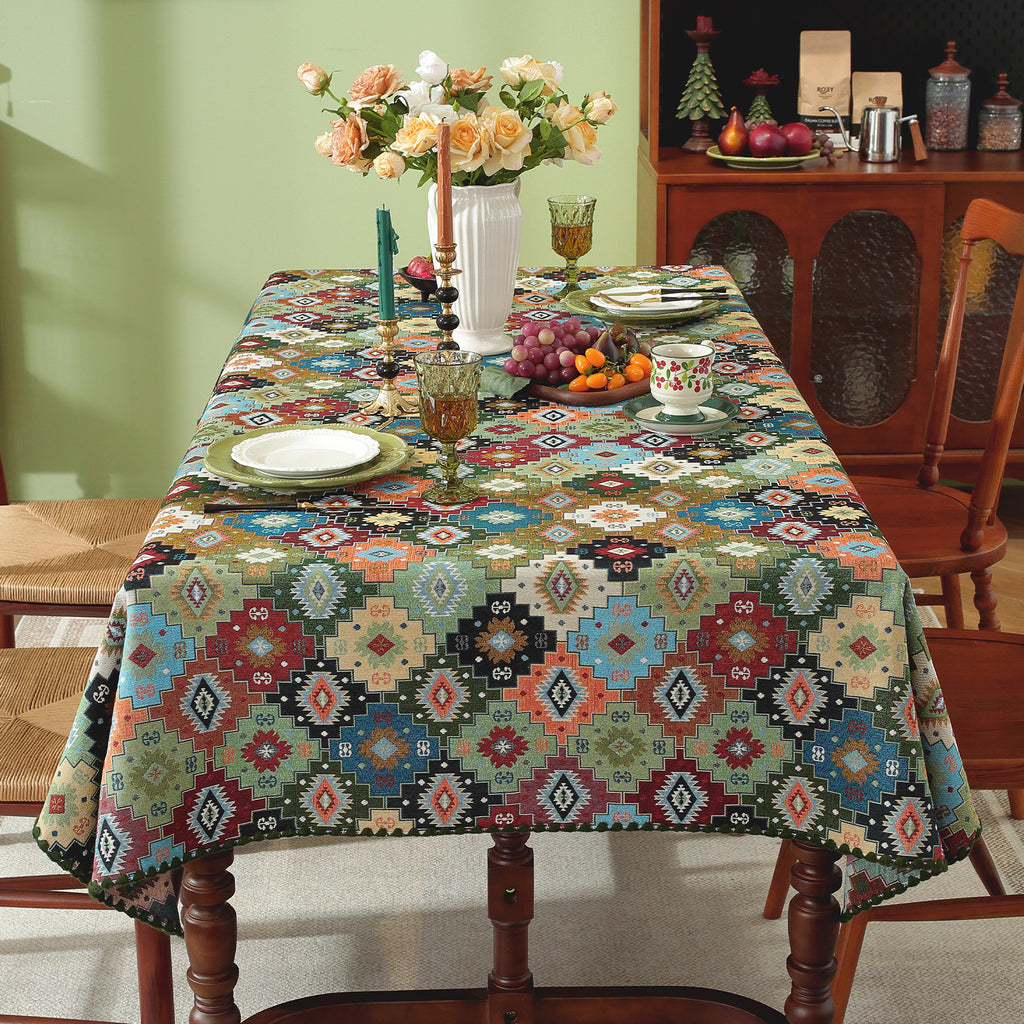Jigsaw Puzzle Pattern Cotton-Linen Style Tablecloth with Scalloped Edge