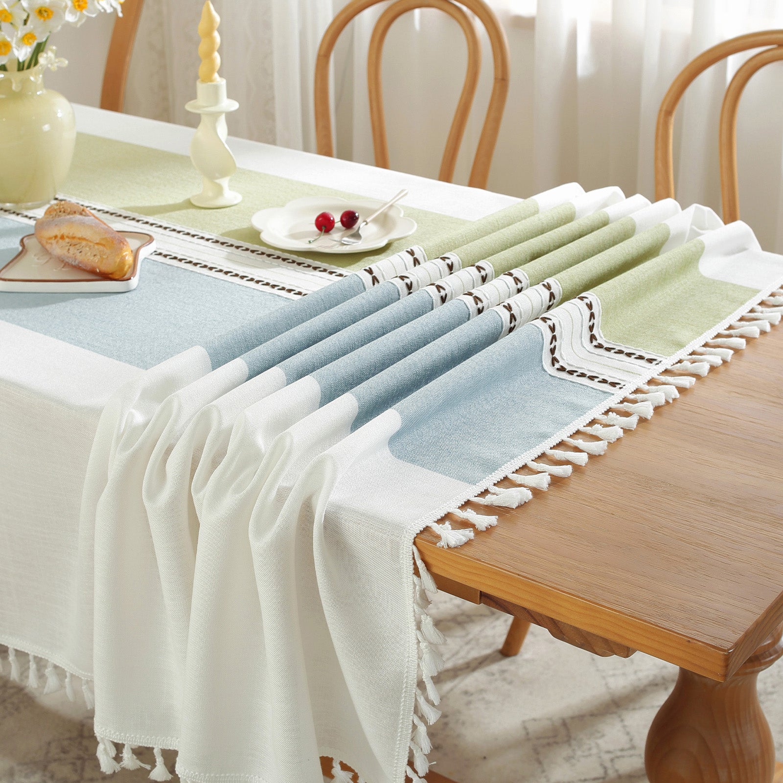 Waterproof Stainproof Linen Cotton Tablecloth, Jacquard Tassel, Thick Soft & Wrinkle Free, for Rectangle Square Tables