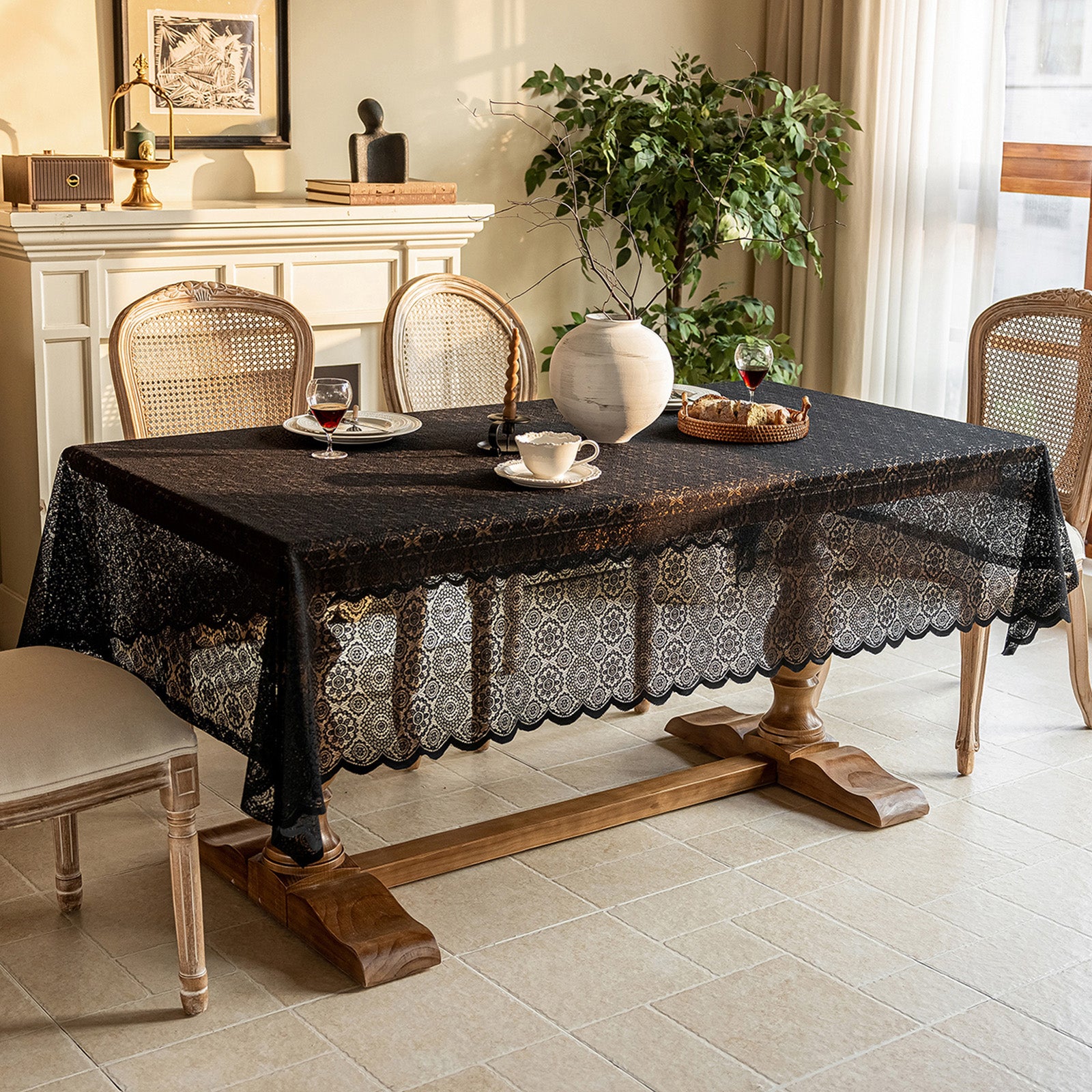 Black Lace French Countryside Coffee Table Cloth — TV Stand Cover, Dresser Cover, Shoe Cabinet Cover, Dessert Tablecloth for Party Wedding Daily Home
