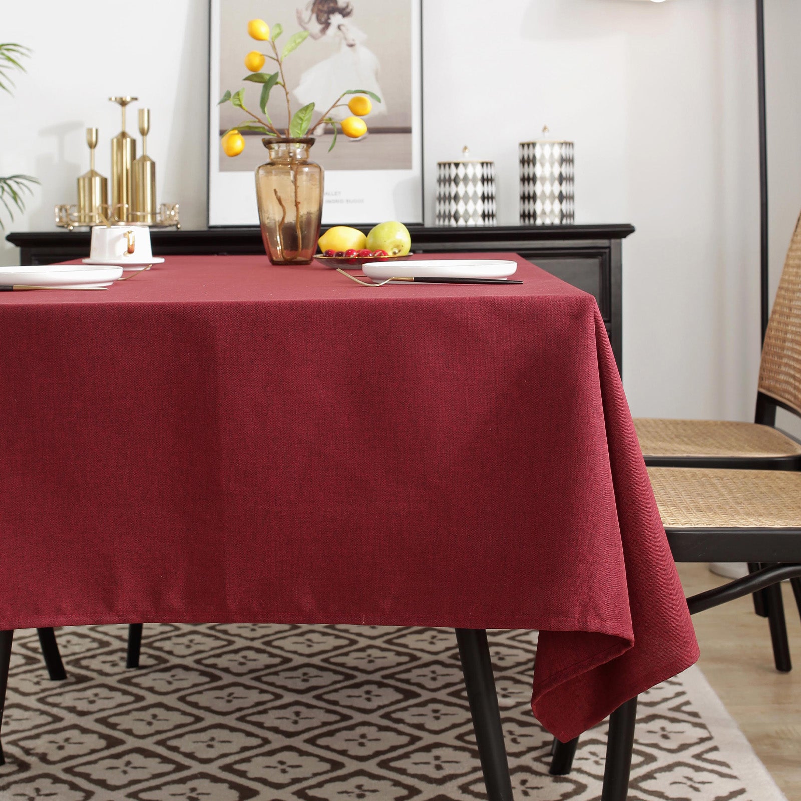 Solid Color Linen-Like Waterproof Tablecloth for Dining Table, Coffee Table & TV Stand – Oil-Proof, Wrinkle-Resistant, Burgundy