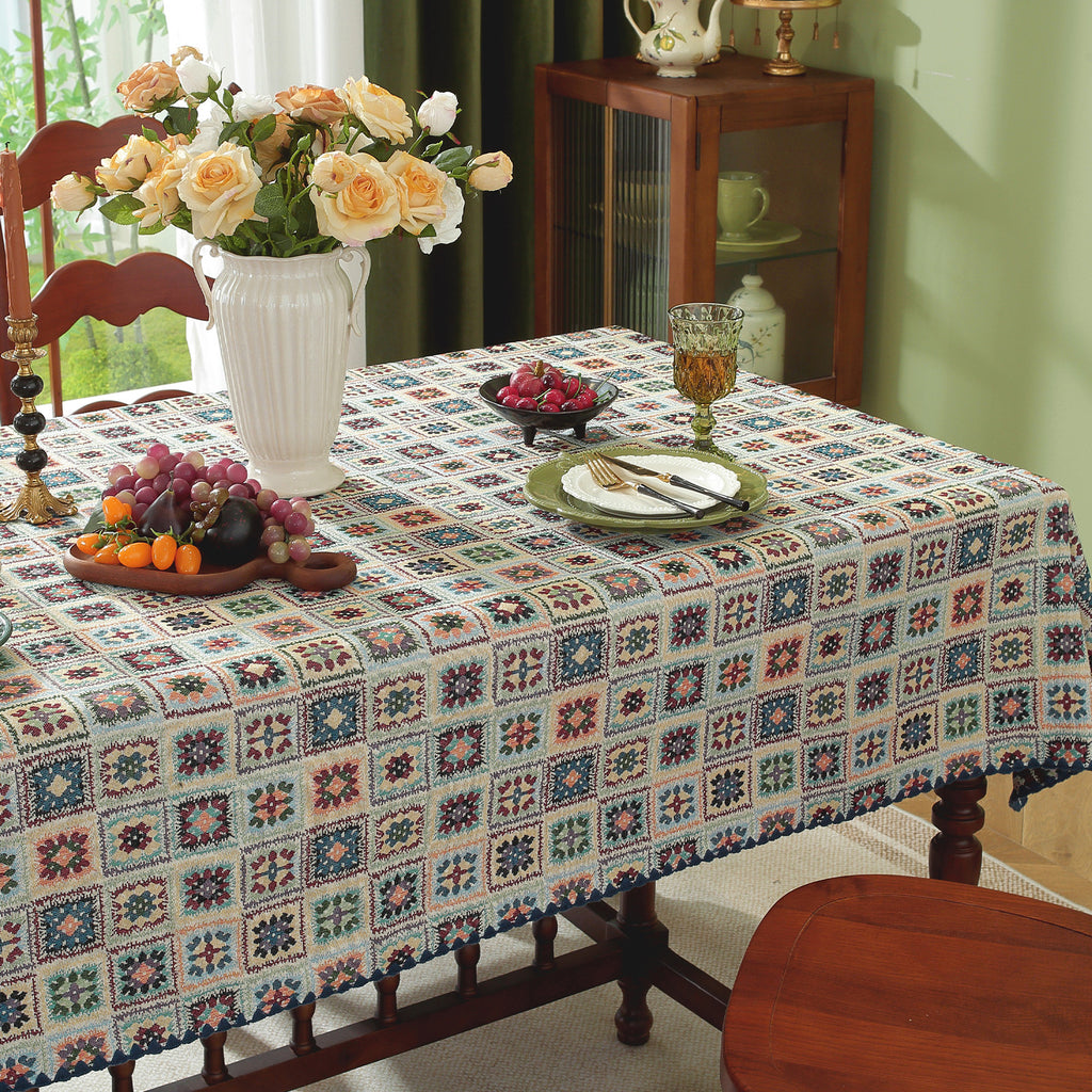 Blue Hook Flower Pattern Cotton-Linen Style Tablecloth with Scalloped Edge