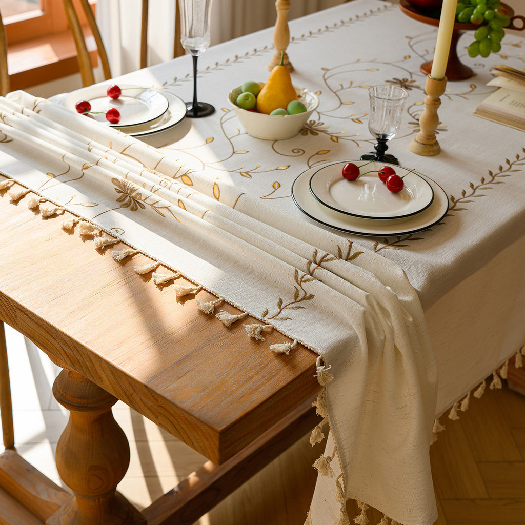 Linen-Like Waterproof Tablecloth with Chrysanthemum Pattern — Breathable & Minimalist Design for Home Use, Fits Square, Round & Rectangular Tables