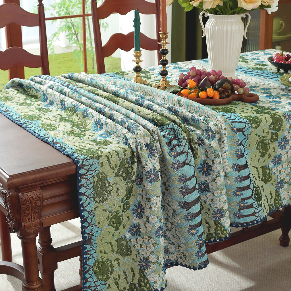 Spring Tree Pattern Cotton-Linen Style Tablecloth, with Scalloped or Straight Edge Options