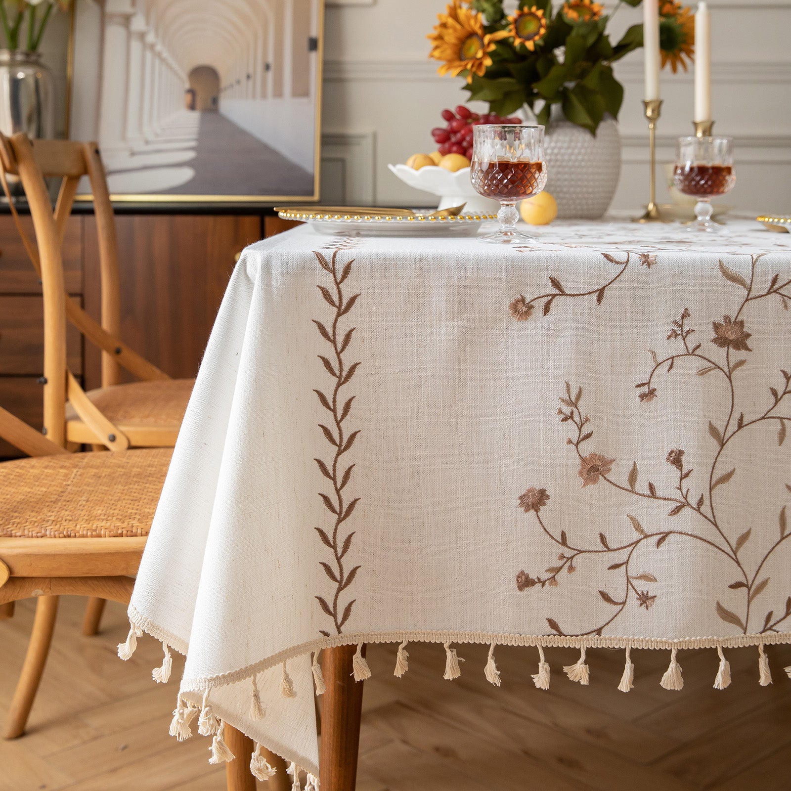 Linen-Like Waterproof Tablecloth with Hollyhock Pattern — Breathable & Minimalist Design for Home Use, Fits Square, Round & Rectangular Tables