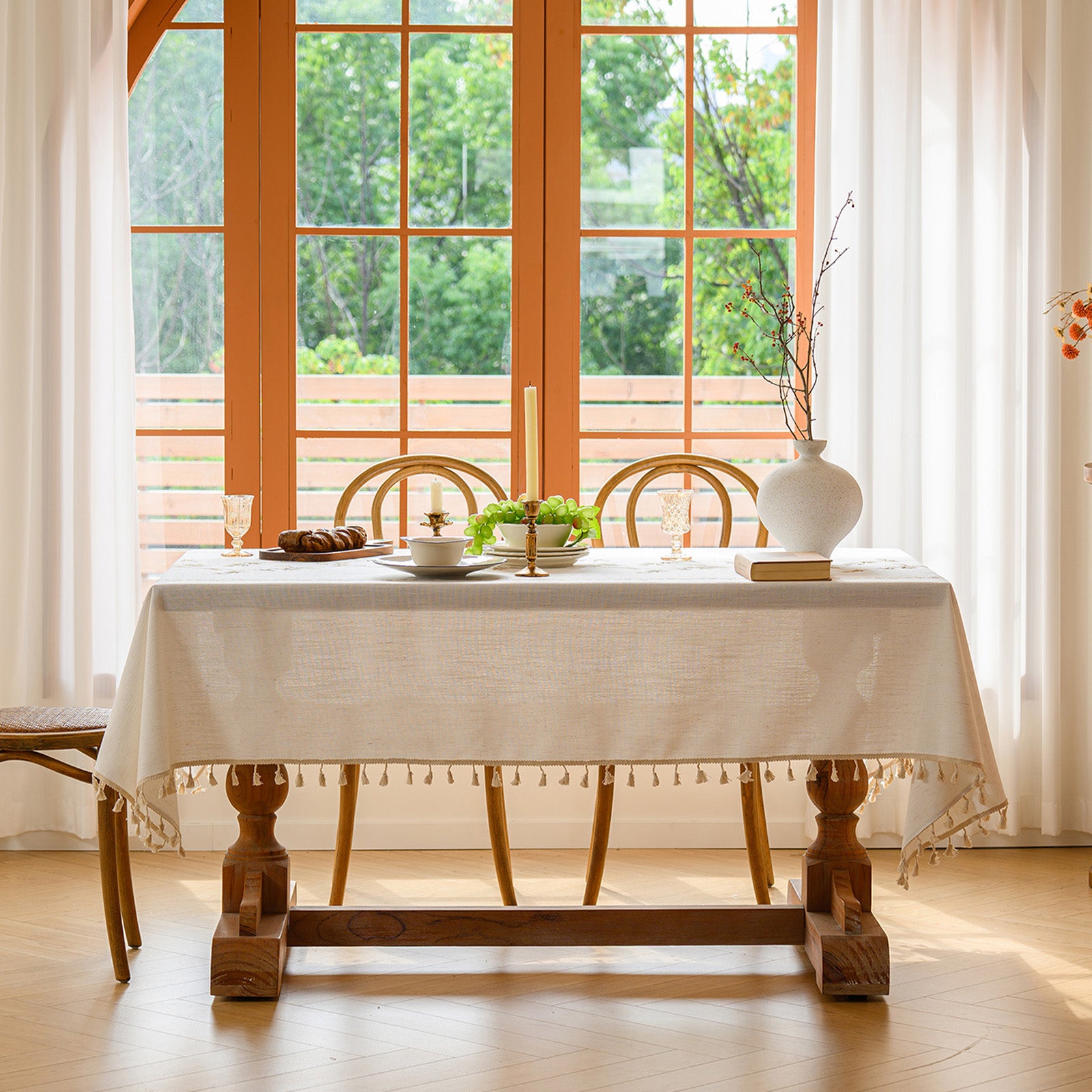 Linen-Like Waterproof Tablecloth with Bamboo Leaf Pattern — Breathable & Minimalist Design for Home Use, Fits Square, Round & Rectangular Tables