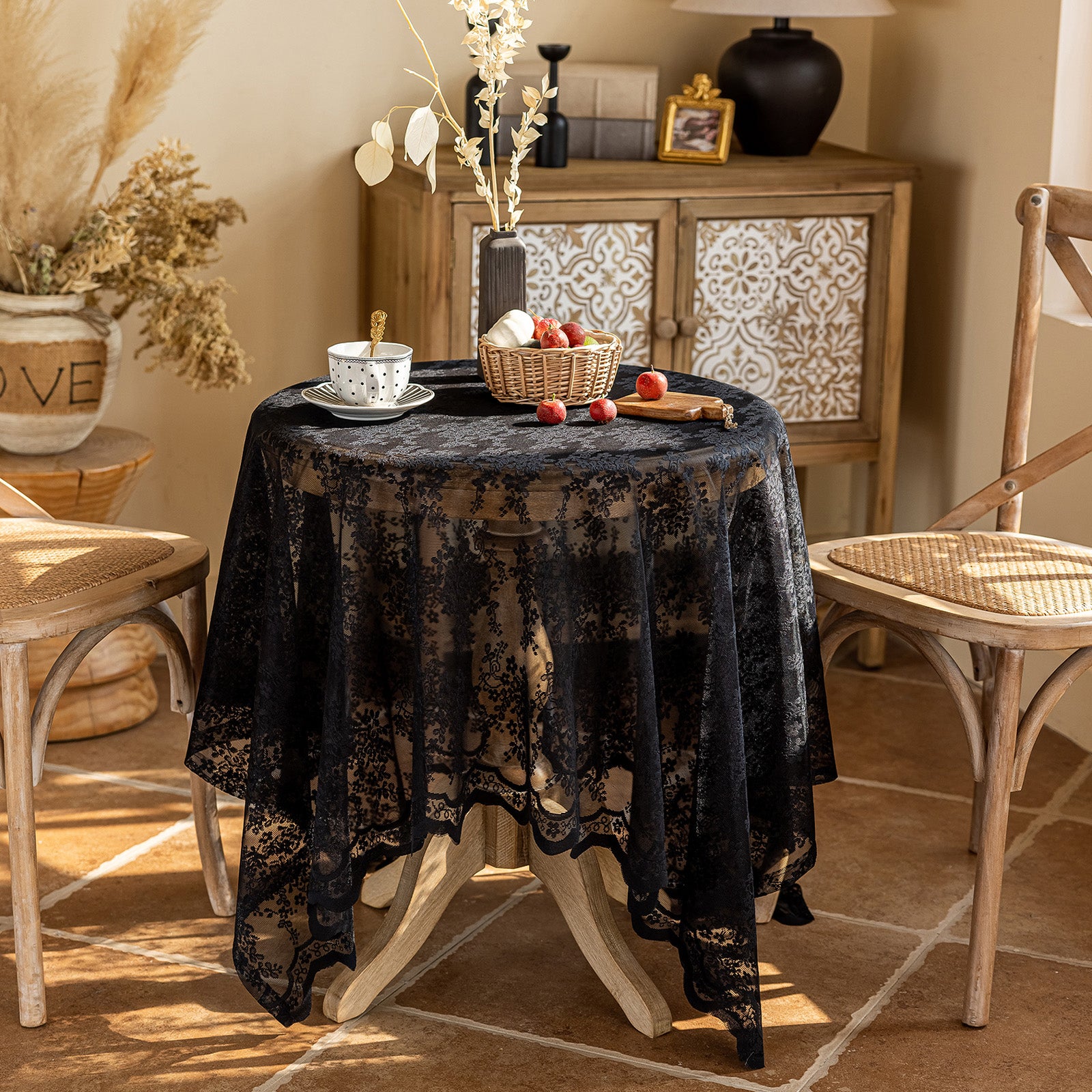 Black Lace Vintage French Countryside Table Cloth — Versatile Cover for Coffee Table, TV Stand, Dresser, Shoe Cabinet, Dessert Table for Party, Wedding & Daily Home