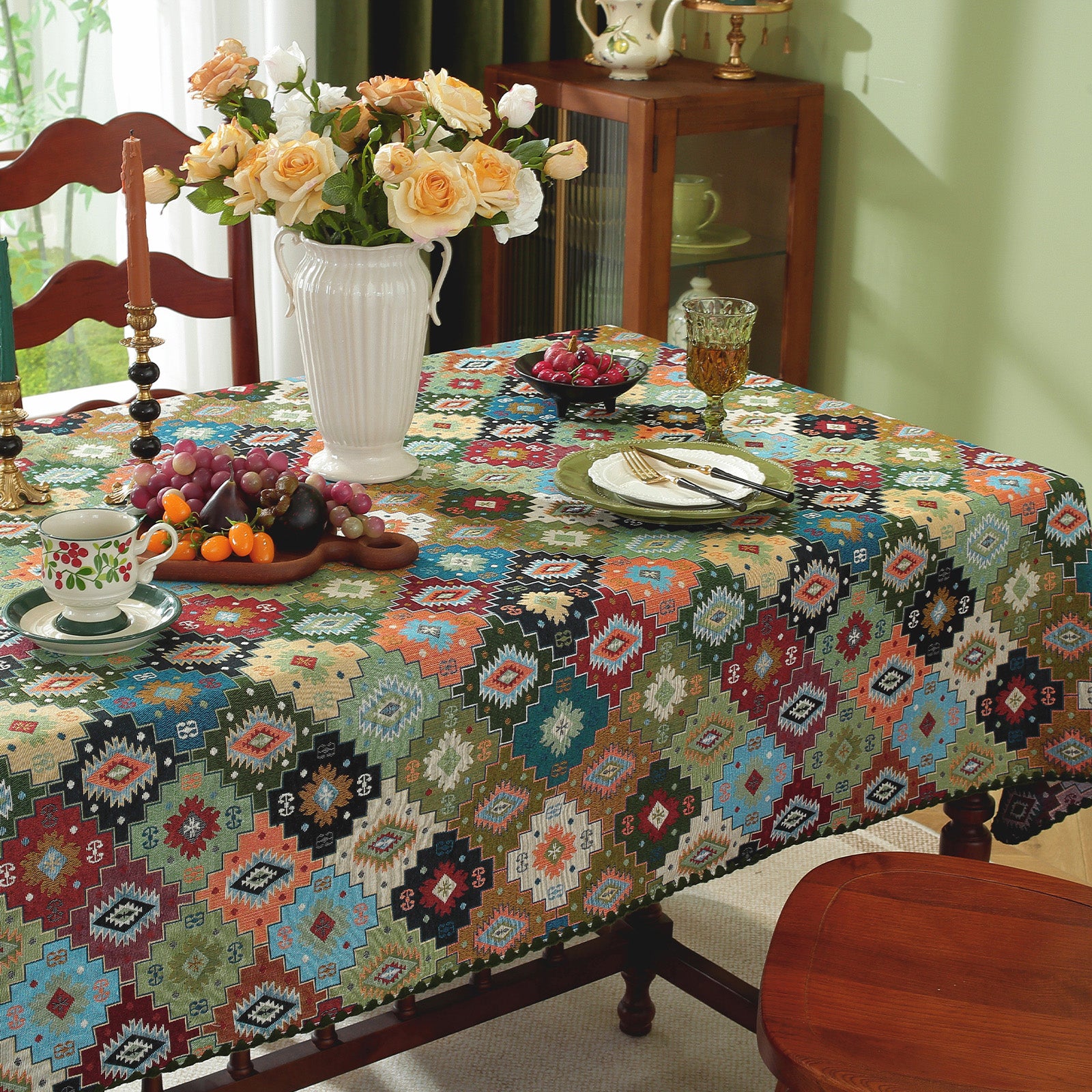 Jigsaw Puzzle Pattern Cotton-Linen Style Tablecloth with Scalloped Edge