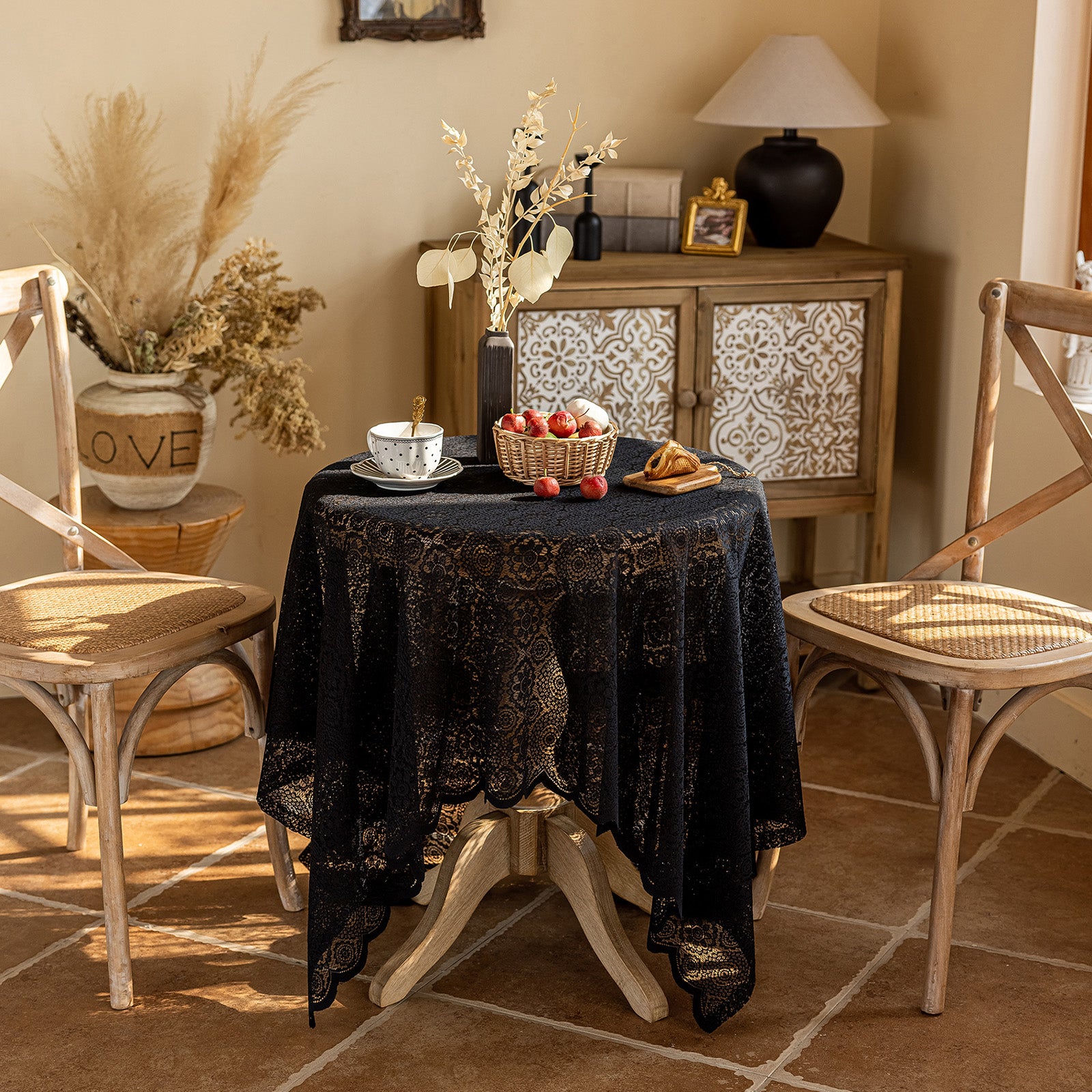 Black Lace French Countryside Coffee Table Cloth — TV Stand Cover, Dresser Cover, Shoe Cabinet Cover, Dessert Tablecloth for Party Wedding Daily Home