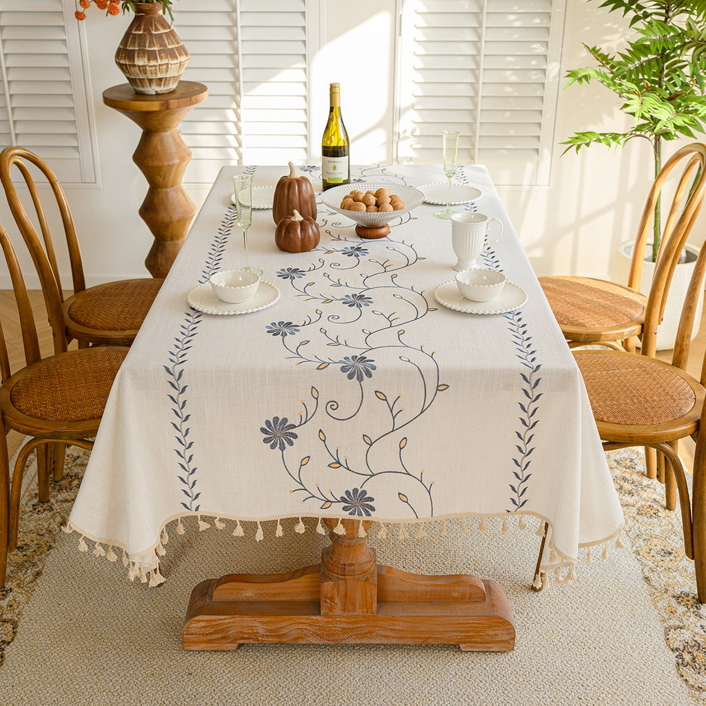 Linen-Like Waterproof Tablecloth with Chrysanthemum Pattern — Breathable & Minimalist Design for Home Use, Fits Square, Round & Rectangular Tables