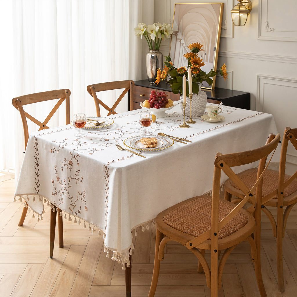 Linen-Like Waterproof Tablecloth with Hollyhock Pattern — Breathable & Minimalist Design for Home Use, Fits Square, Round & Rectangular Tables