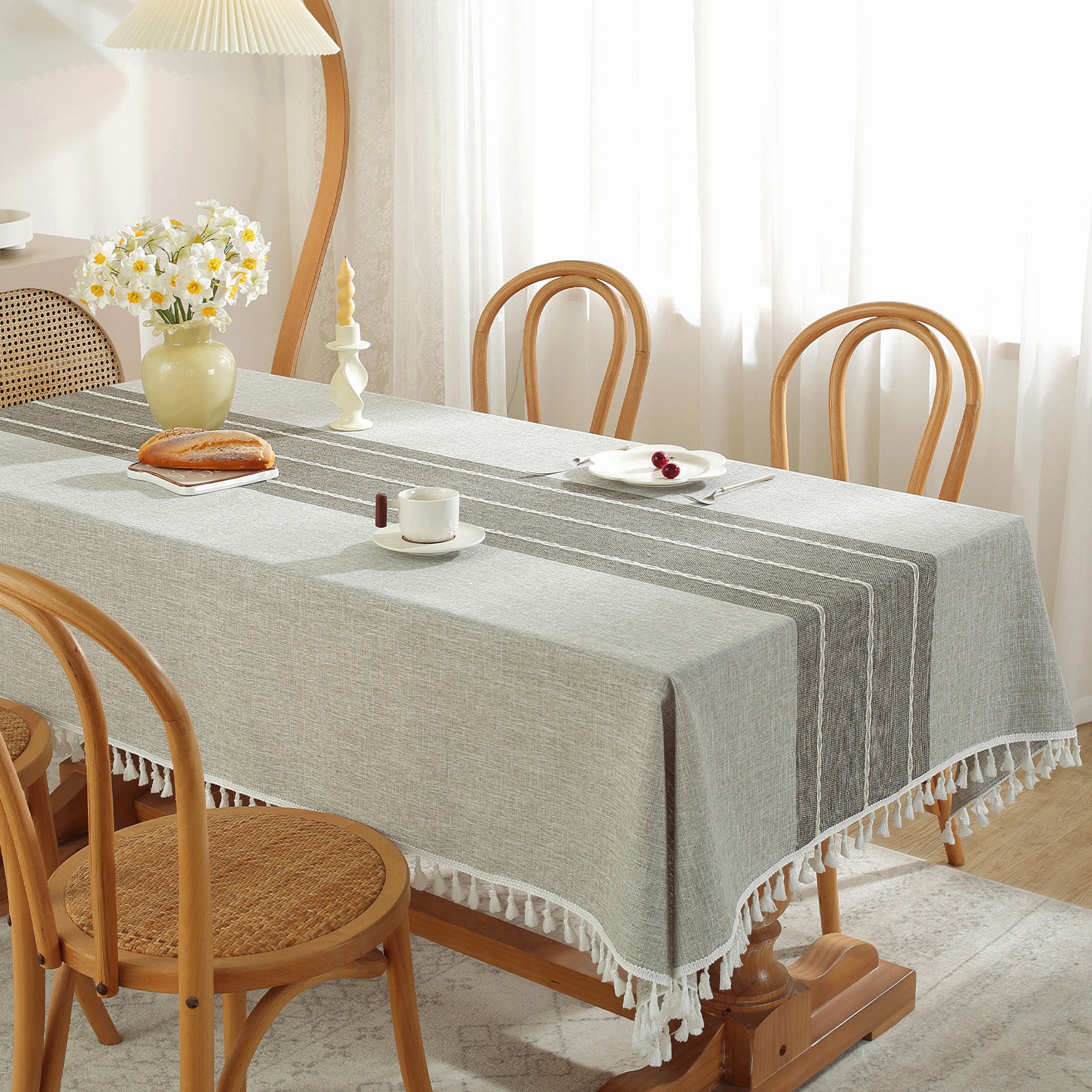 Waterproof Stainproof Linen Cotton Tablecloth, Jacquard Tassel, Thick Soft & Wrinkle Free, for Rectangle Square Tables
