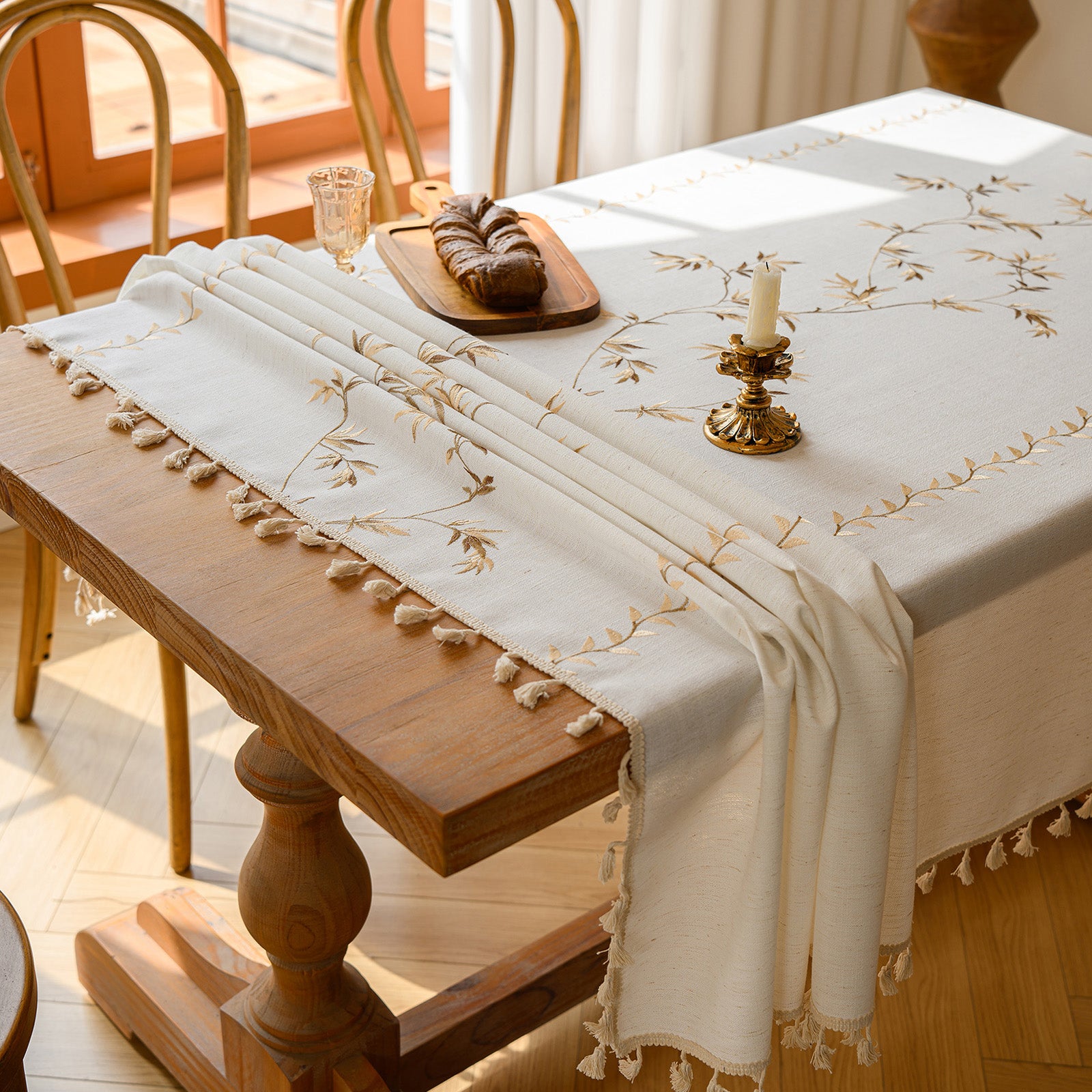 Linen-Like Waterproof Tablecloth with Bamboo Leaf Pattern — Breathable & Minimalist Design for Home Use, Fits Square, Round & Rectangular Tables