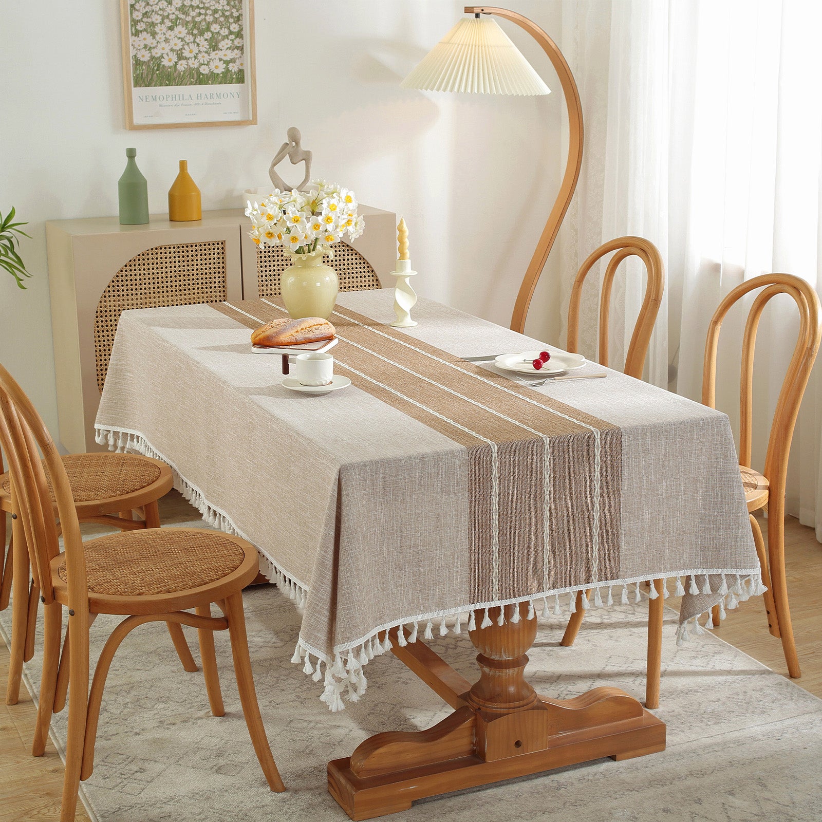 Waterproof Stainproof Linen Cotton Tablecloth, Jacquard Tassel, Thick Soft & Wrinkle Free, for Rectangle Square Tables