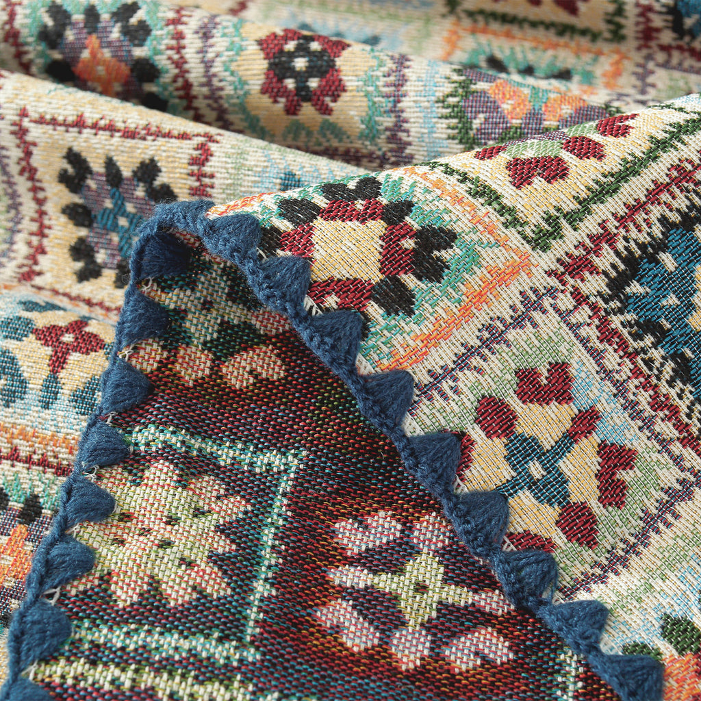 Blue Hook Flower Pattern Cotton-Linen Style Tablecloth with Scalloped Edge