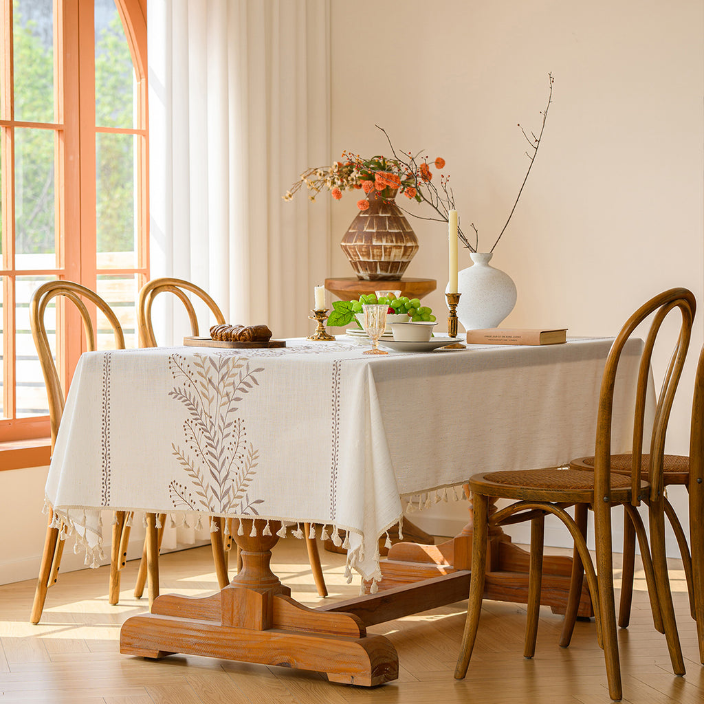 Linen-Like Waterproof Tablecloth with Fern Pattern — Breathable & Minimalist Design for Home Use, Fits Square, Round & Rectangular Tables