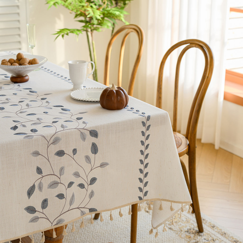 Linen-Like Waterproof Tablecloth with Vine Pattern — Breathable & Minimalist Design for Home Use, Fits Square, Round & Rectangular Tables