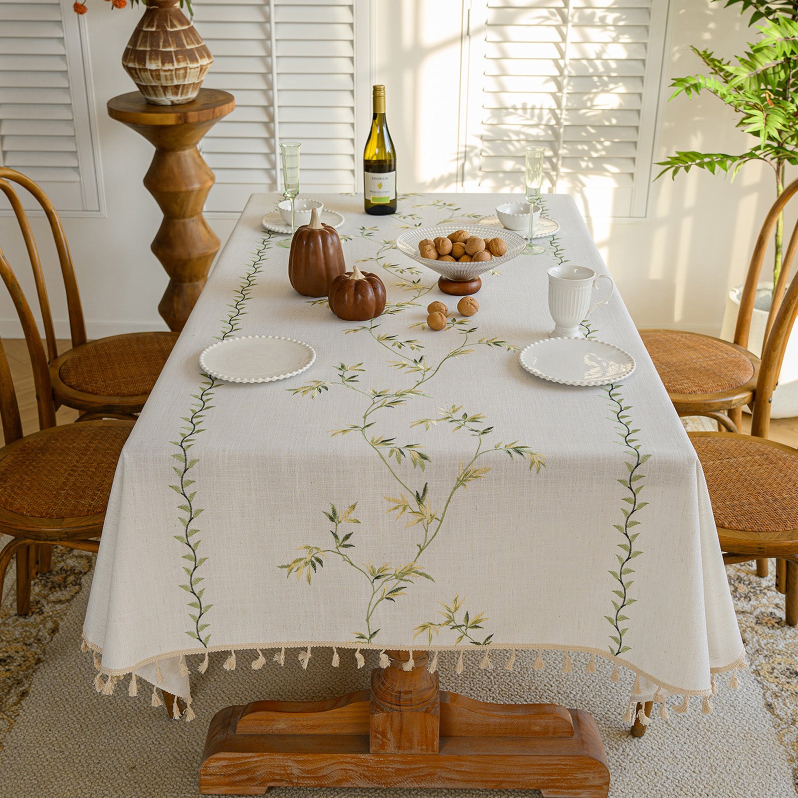 Linen-Like Waterproof Tablecloth with Bamboo Leaf Pattern — Breathable & Minimalist Design for Home Use, Fits Square, Round & Rectangular Tables