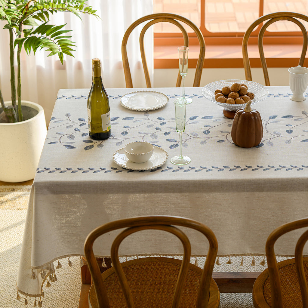 Linen-Like Waterproof Tablecloth with Vine Pattern — Breathable & Minimalist Design for Home Use, Fits Square, Round & Rectangular Tables