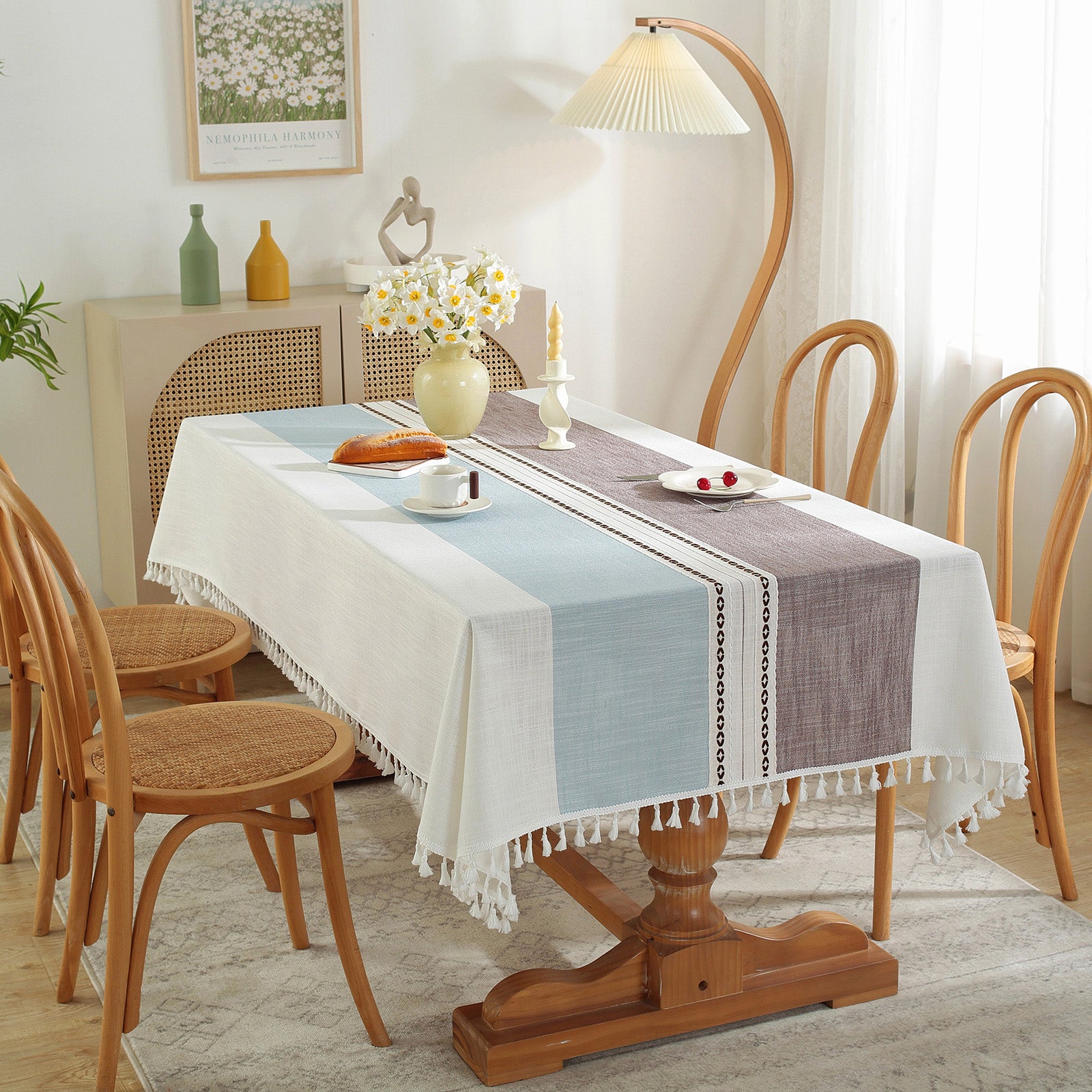 Waterproof Stainproof Linen Cotton Tablecloth, Jacquard Tassel, Thick Soft & Wrinkle Free, for Rectangle Square Tables
