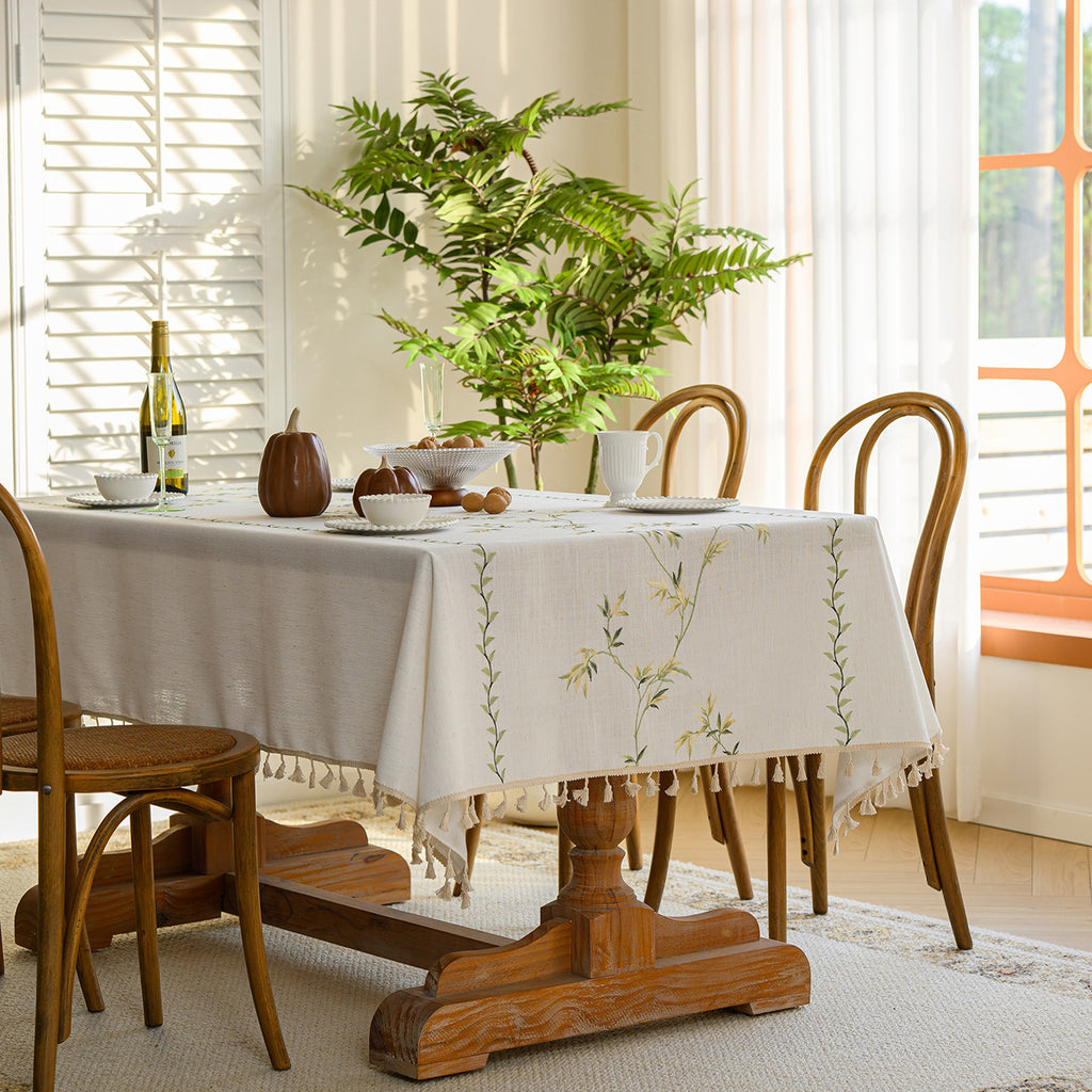 Linen-Like Waterproof Tablecloth with Bamboo Leaf Pattern — Breathable & Minimalist Design for Home Use, Fits Square, Round & Rectangular Tables
