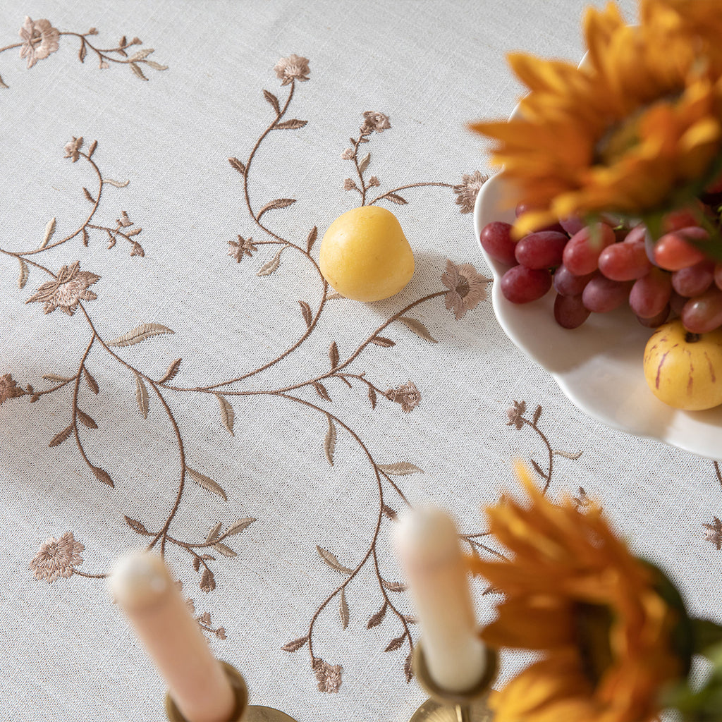 Linen-Like Waterproof Tablecloth with Hollyhock Pattern — Breathable & Minimalist Design for Home Use, Fits Square, Round & Rectangular Tables