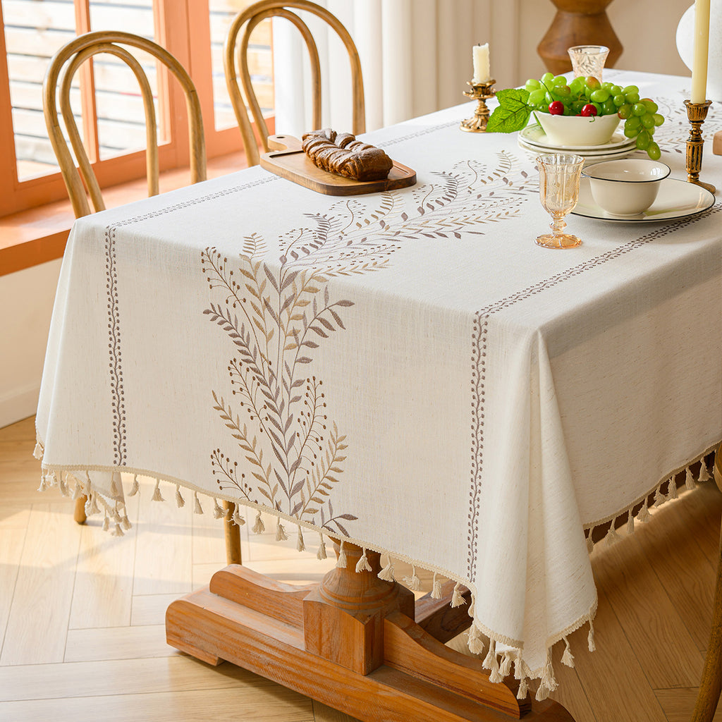 Linen-Like Waterproof Tablecloth with Fern Pattern — Breathable & Minimalist Design for Home Use, Fits Square, Round & Rectangular Tables