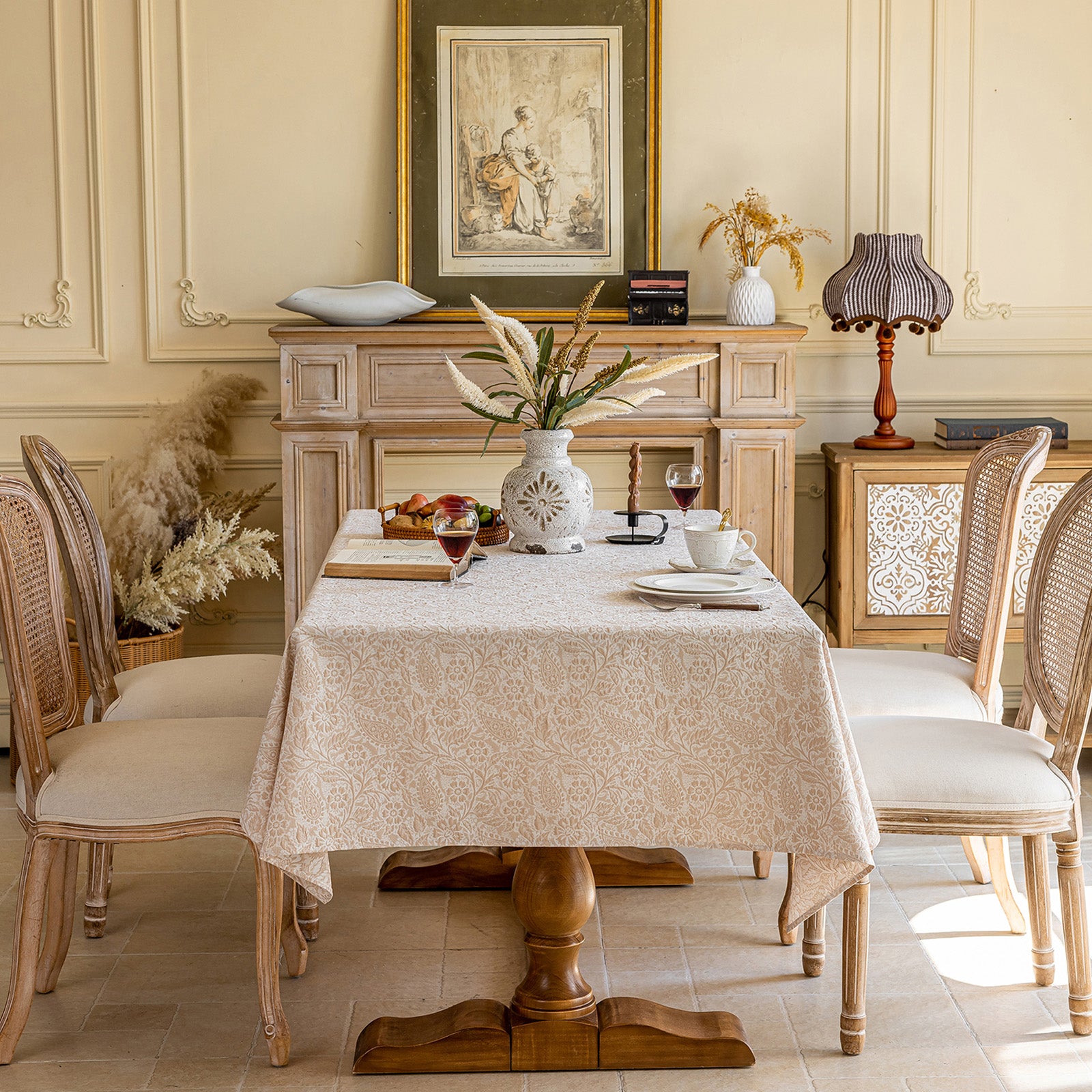 Linen Like Tablecloth or Desk Cover Wrinkle Resistant Jacquard Galsang Flower Embossed Multi Use