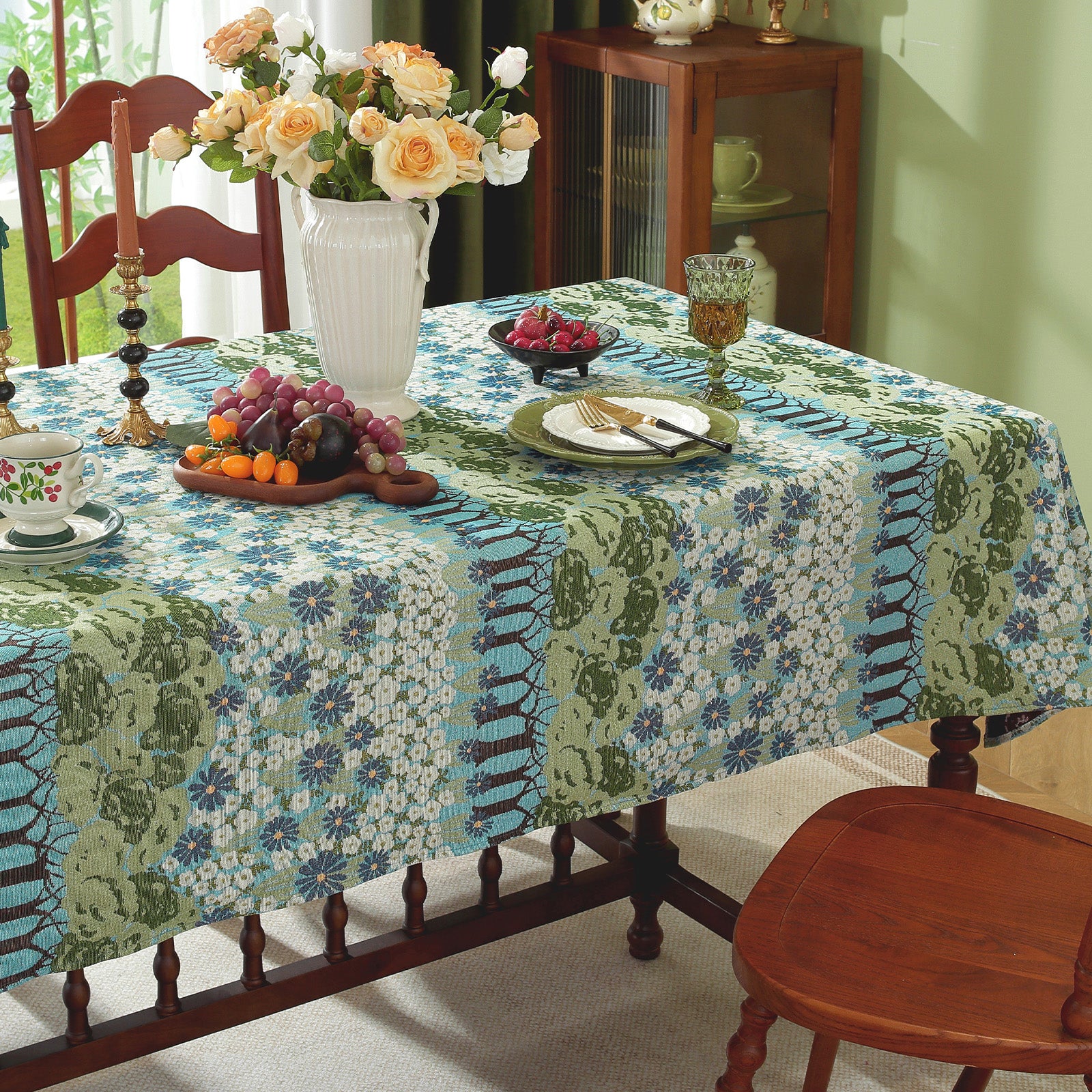 Spring Tree Pattern Cotton-Linen Style Tablecloth, with Scalloped or Straight Edge Options