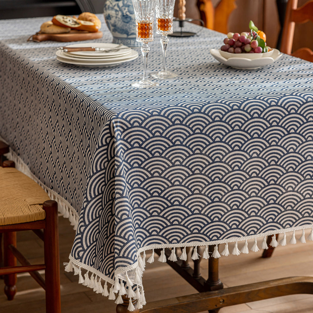 Scale Pattern Linen-Look Tablecloth with Tassels – Wrinkle-Resistant & Drapes Beautifully, Japanese Minimalist Dining Table Art